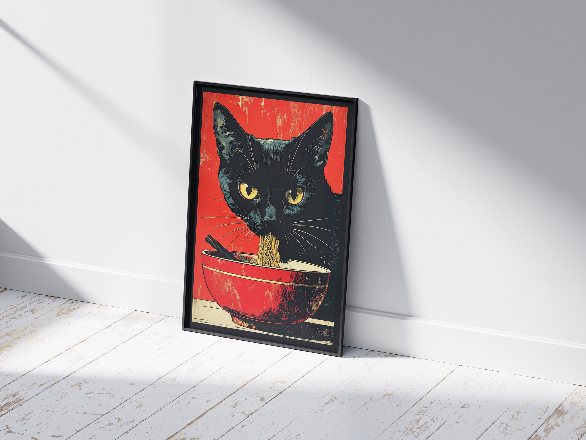 Striking black cat poster featuring a detailed illustration of a cat eating ramen noodles, printed on semi-gloss sustainable paper. Perfect wall art for kitchens, dining areas, or modern interiors with a playful and unique aesthetic.