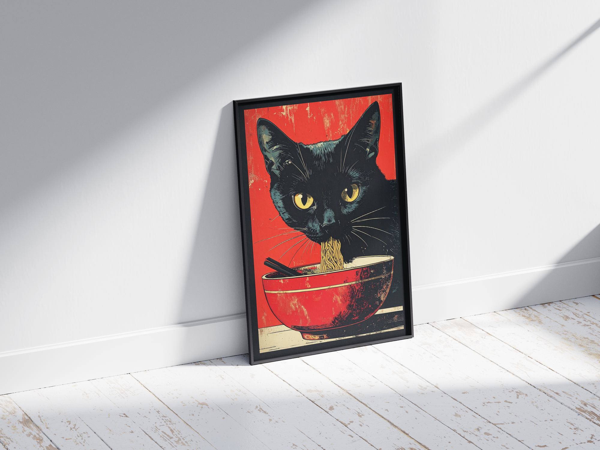 Striking black cat poster featuring a detailed illustration of a cat eating ramen noodles, printed on semi-gloss sustainable paper. Perfect wall art for kitchens, dining areas, or modern interiors with a playful and unique aesthetic.

Striking black cat poster featuring a detailed illustration of a cat eating ramen noodles, printed on semi-gloss sustainable paper. Perfect wall art for kitchens, dining areas, or modern interiors with a playful and unique aesthetic.