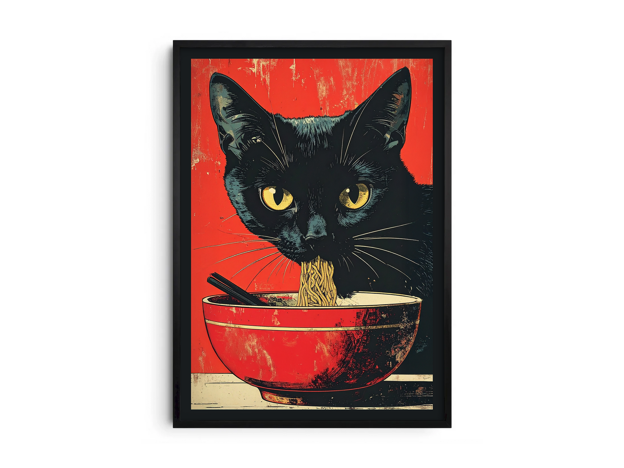 Striking black cat poster featuring a detailed illustration of a cat eating ramen noodles, printed on semi-gloss sustainable paper. Perfect wall art for kitchens, dining areas, or modern interiors with a playful and unique aesthetic.