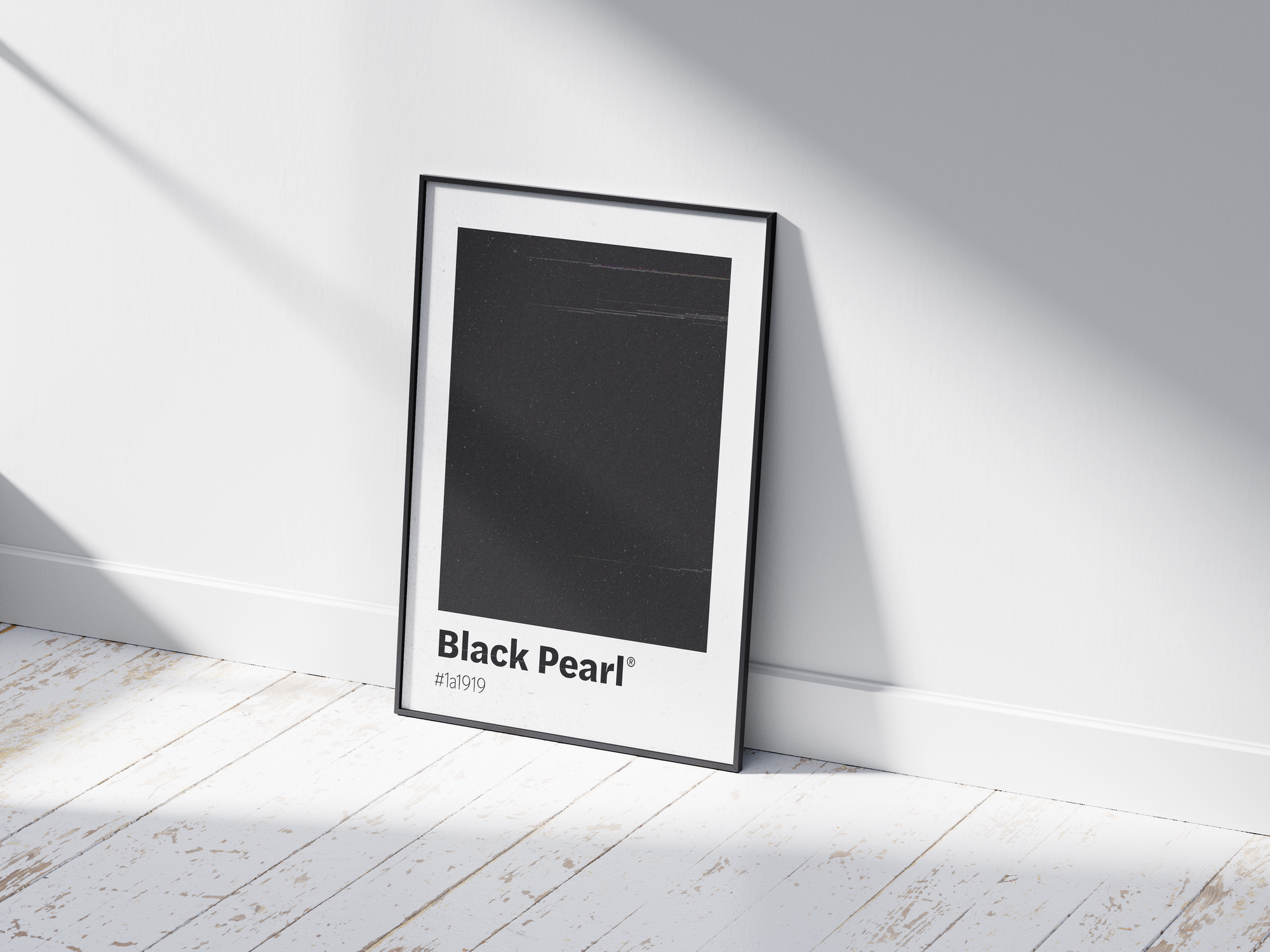 Minimalist black color swatch poster featuring the unique shade "Black Pearl" with its hexadecimal code #1a1919. This modern art print is ideal for adding a sophisticated and bold touch to contemporary interiors, offices, or gallery walls.