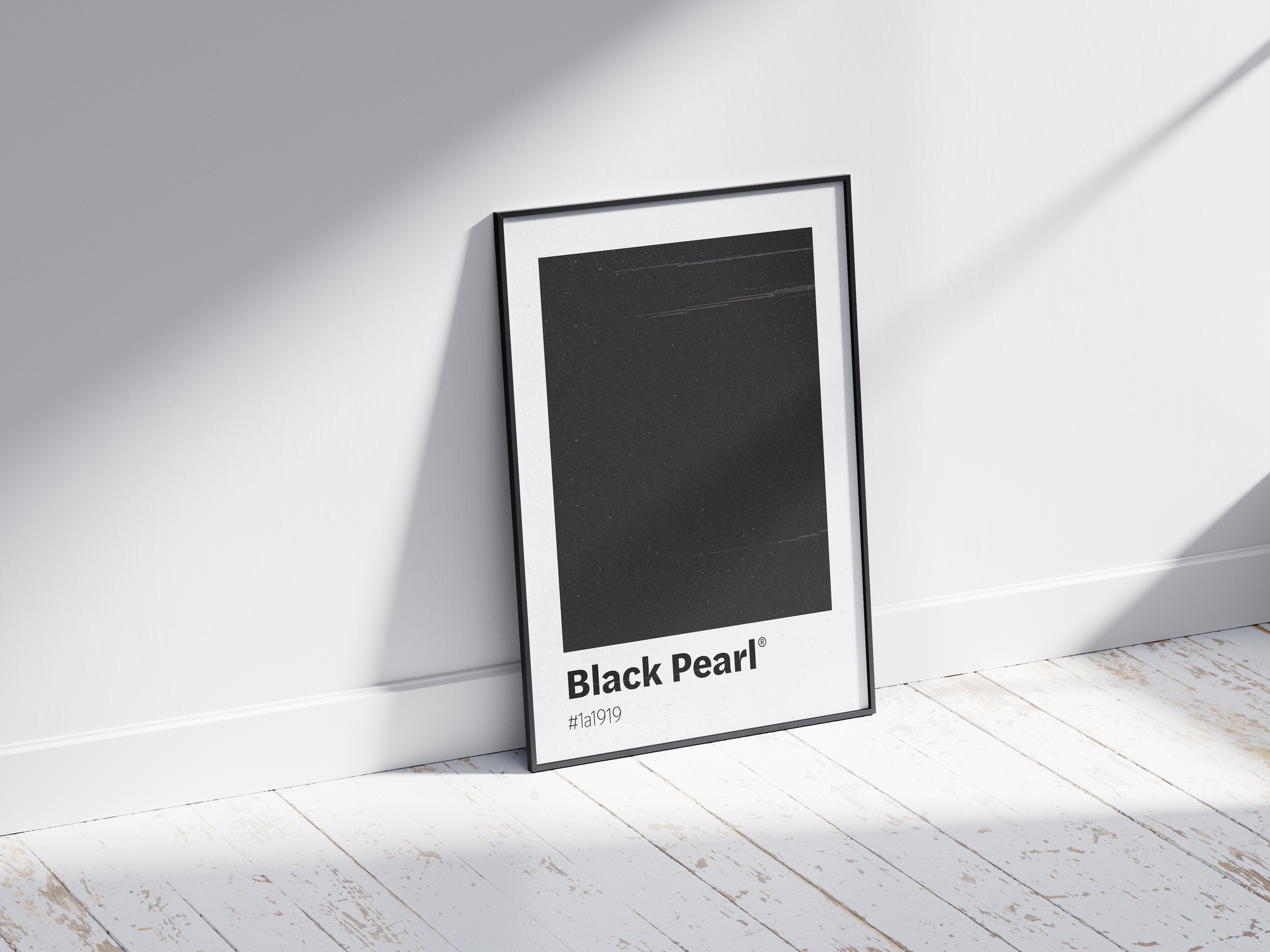 Minimalist black color swatch poster featuring the unique shade "Black Pearl" with its hexadecimal code #1a1919. This modern art print is ideal for adding a sophisticated and bold touch to contemporary interiors, offices, or gallery walls.