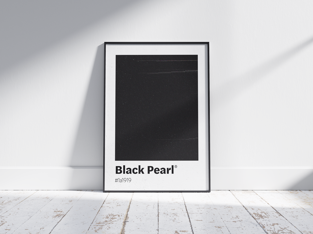 Minimalist black color swatch poster featuring the unique shade "Black Pearl" with its hexadecimal code #1a1919. This modern art print is ideal for adding a sophisticated and bold touch to contemporary interiors, offices, or gallery walls.