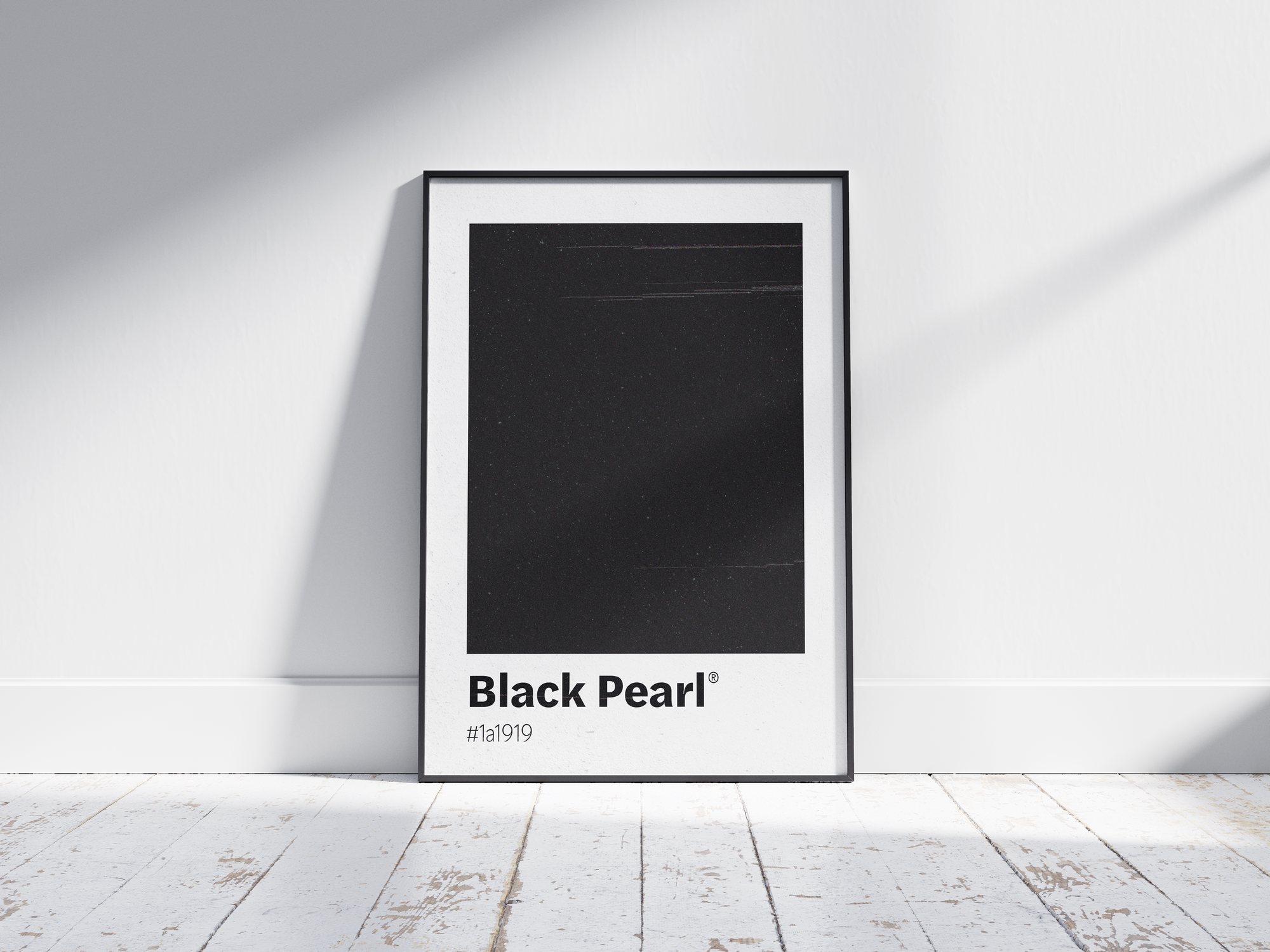 Minimalist black color swatch poster featuring the unique shade "Black Pearl" with its hexadecimal code #1a1919. This modern art print is ideal for adding a sophisticated and bold touch to contemporary interiors, offices, or gallery walls.