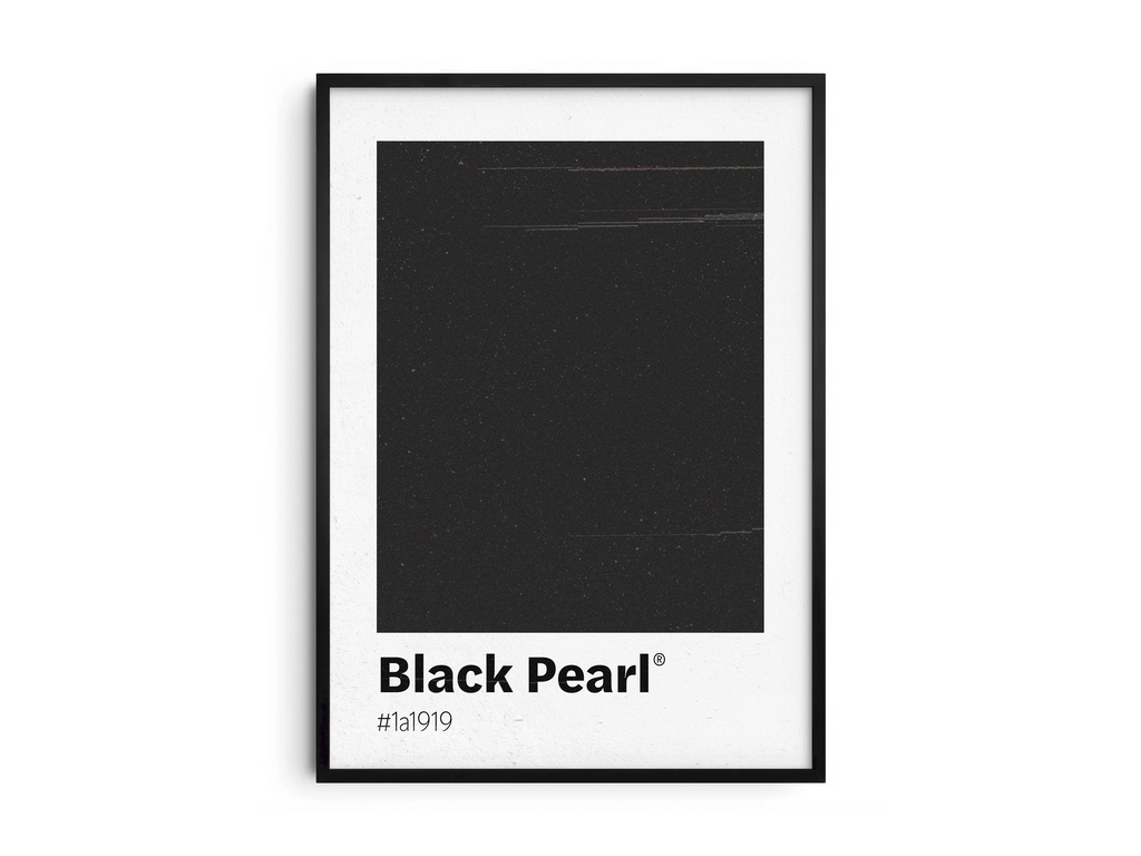 Minimalist black color swatch poster featuring the unique shade "Black Pearl" with its hexadecimal code #1a1919. This modern art print is ideal for adding a sophisticated and bold touch to contemporary interiors, offices, or gallery walls.