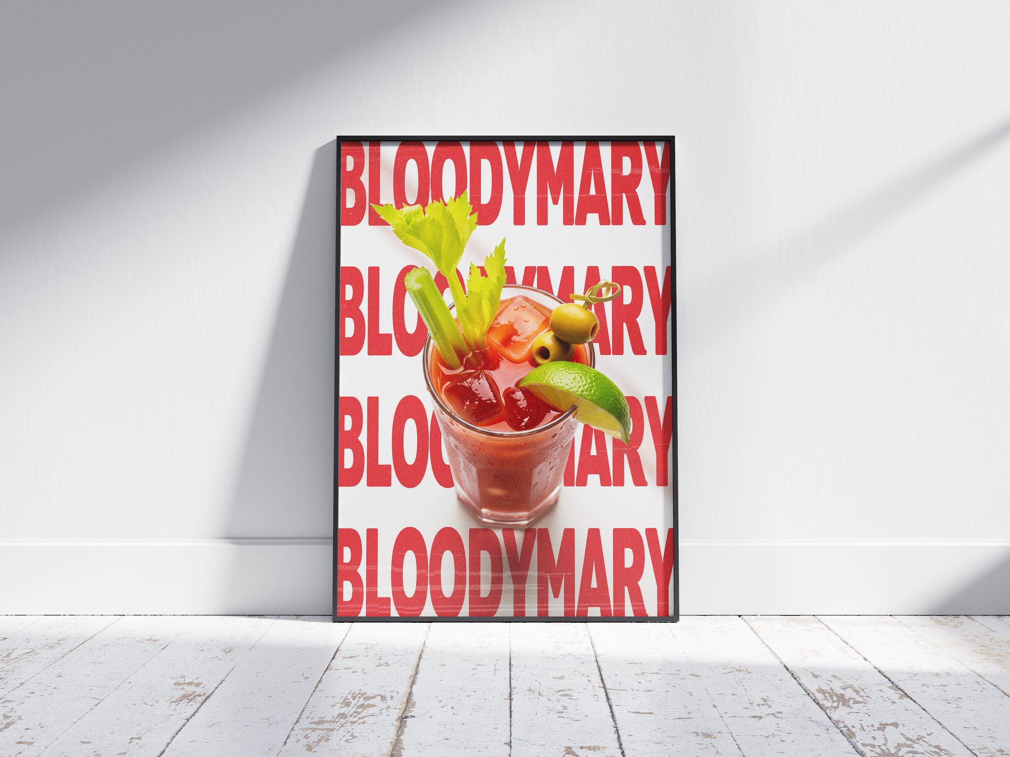 Striking Bloody Mary cocktail poster featuring bold typography and a savory drink illustration, printed on semi-gloss sustainable paper. Perfect wall art for kitchens, bar areas, or modern interiors with a robust and inviting aesthetic.