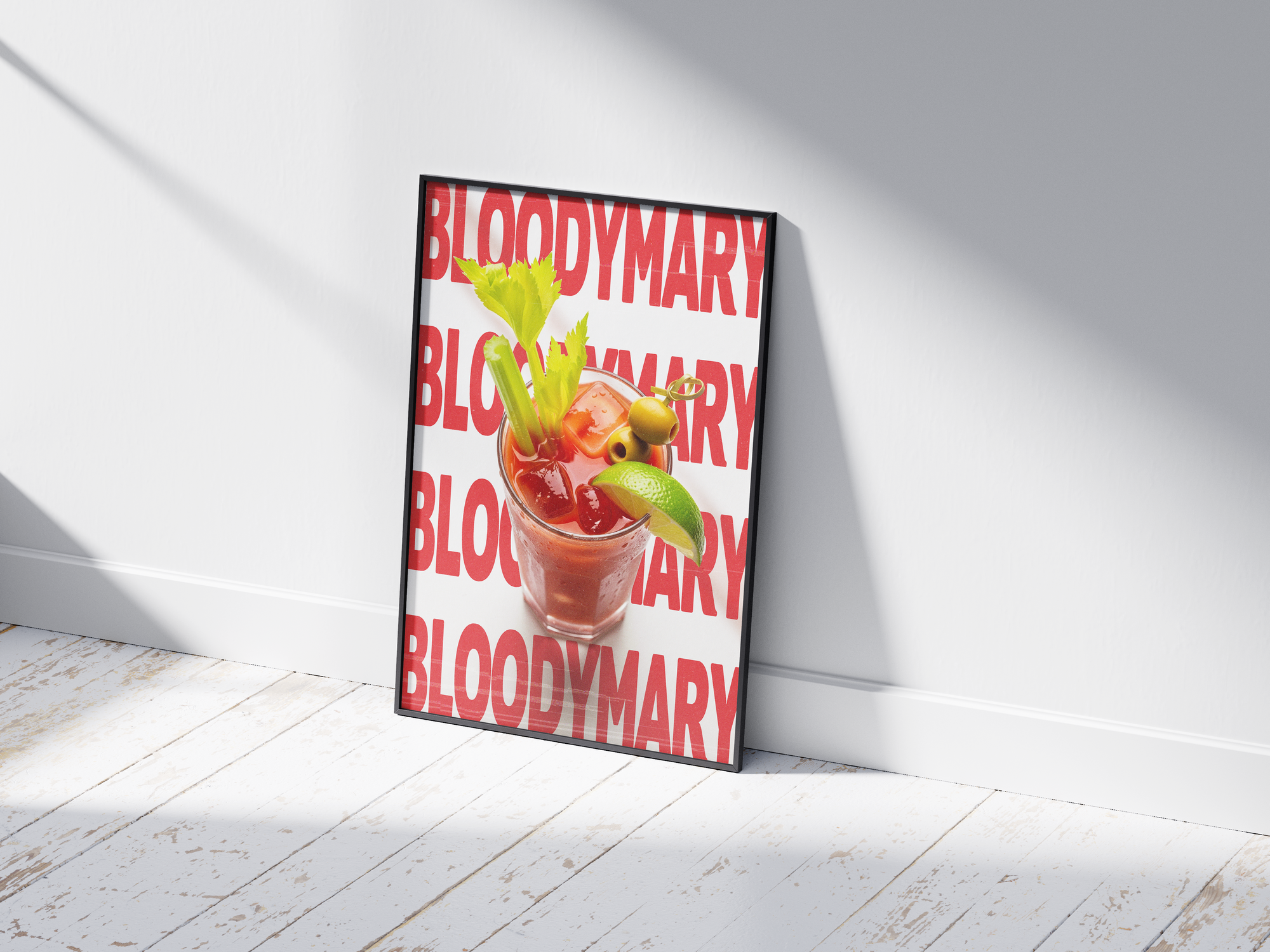 Striking Bloody Mary cocktail poster featuring bold typography and a savory drink illustration, printed on semi-gloss sustainable paper. Perfect wall art for kitchens, bar areas, or modern interiors with a robust and inviting aesthetic.