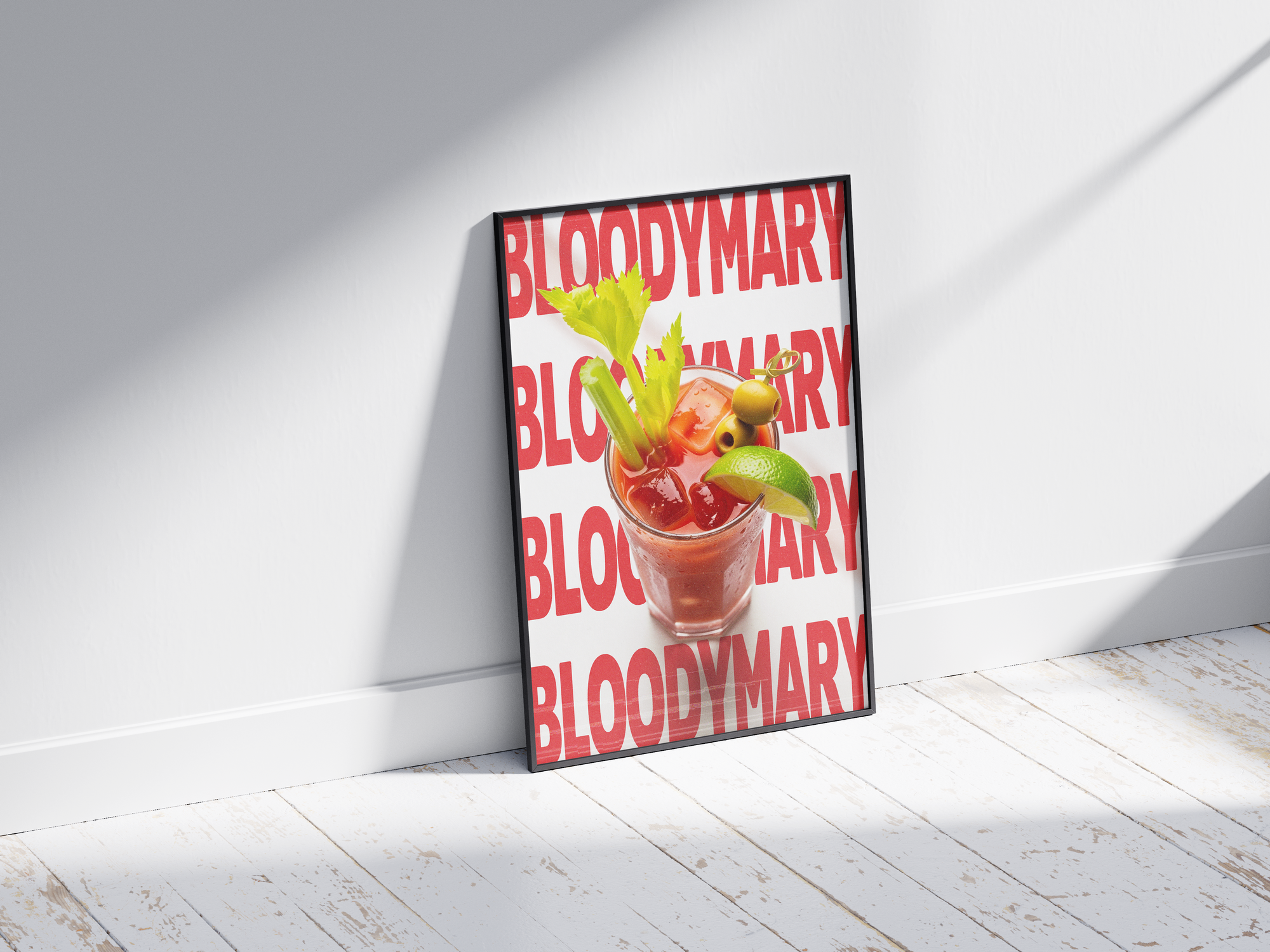 Striking Bloody Mary cocktail poster featuring bold typography and a savory drink illustration, printed on semi-gloss sustainable paper. Perfect wall art for kitchens, bar areas, or modern interiors with a robust and inviting aesthetic.