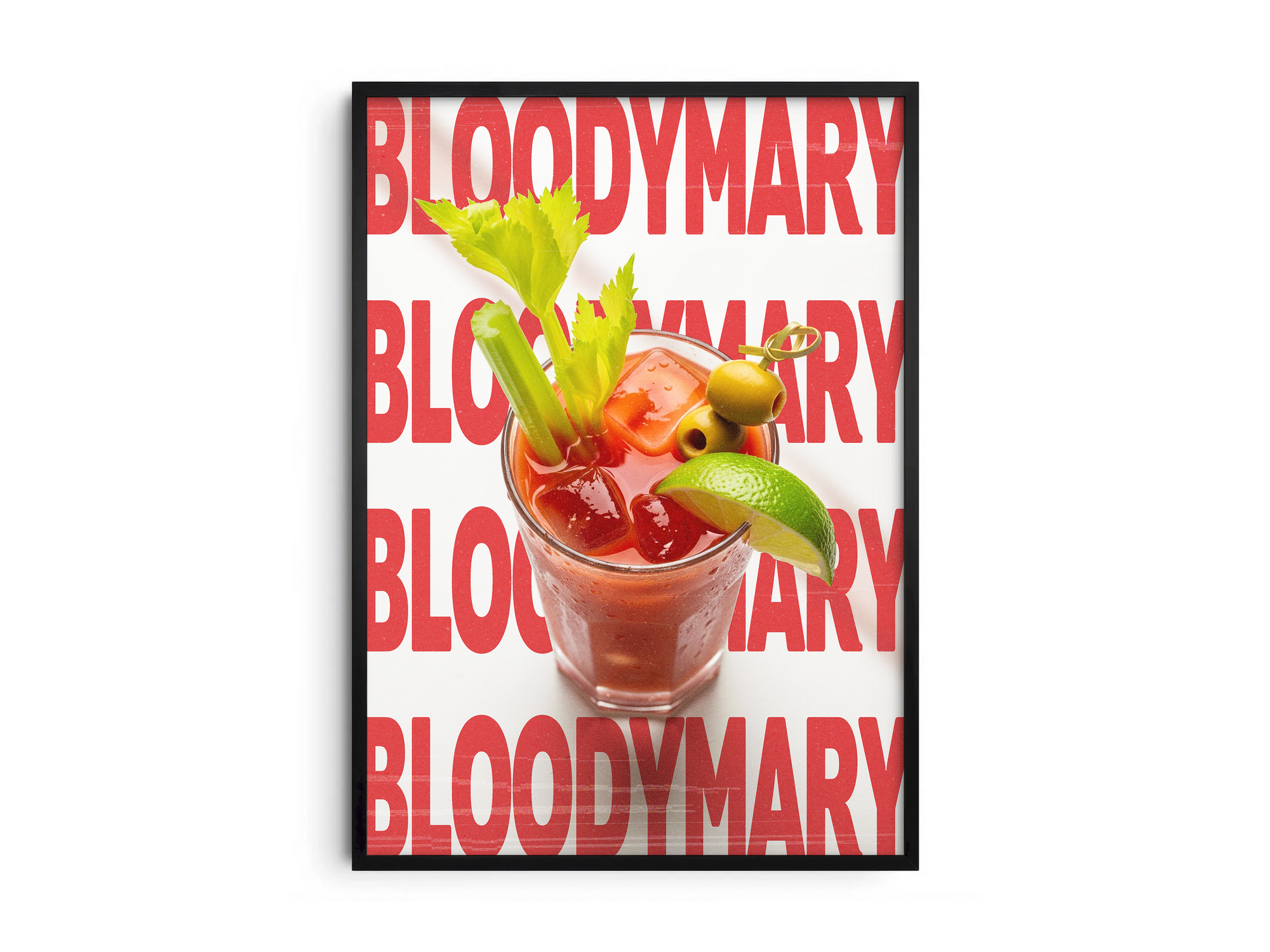 Striking Bloody Mary cocktail poster featuring bold typography and a savory drink illustration, printed on semi-gloss sustainable paper. Perfect wall art for kitchens, bar areas, or modern interiors with a robust and inviting aesthetic.