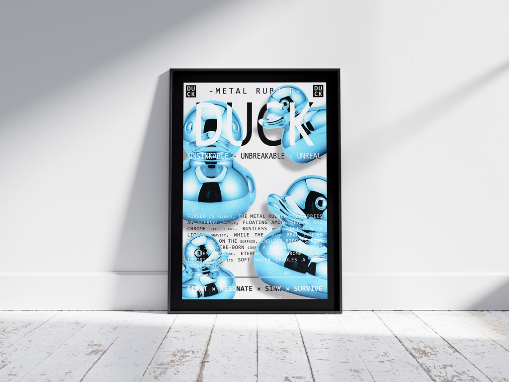 Vibrant metallic rubber duck poster featuring a glossy and reflective illustration in various colors. This modern pop art print is perfect for adding a bold and playful statement to living rooms, offices, or minimalist interiors.