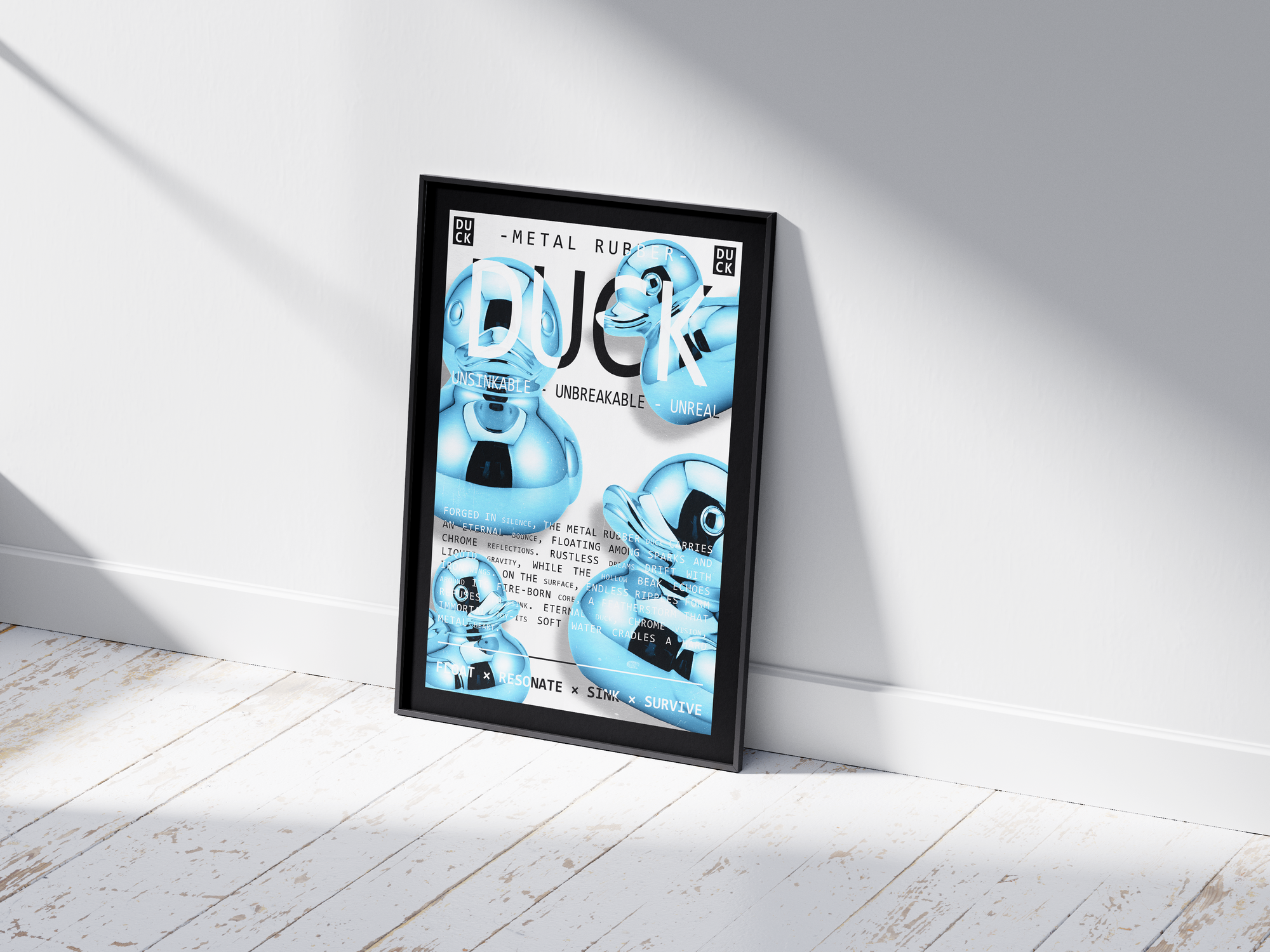 Vibrant metallic rubber duck poster featuring a glossy and reflective illustration in various colors. This modern pop art print is perfect for adding a bold and playful statement to living rooms, offices, or minimalist interiors.