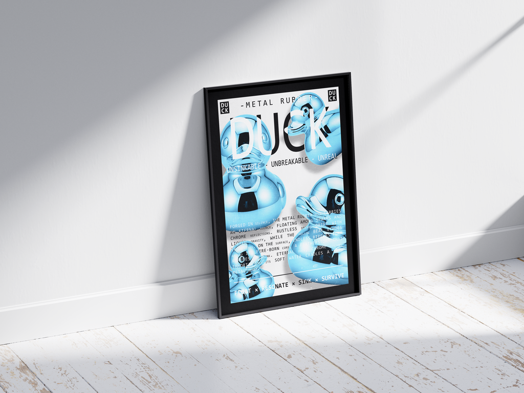 Vibrant metallic rubber duck poster featuring a glossy and reflective illustration in various colors. This modern pop art print is perfect for adding a bold and playful statement to living rooms, offices, or minimalist interiors.