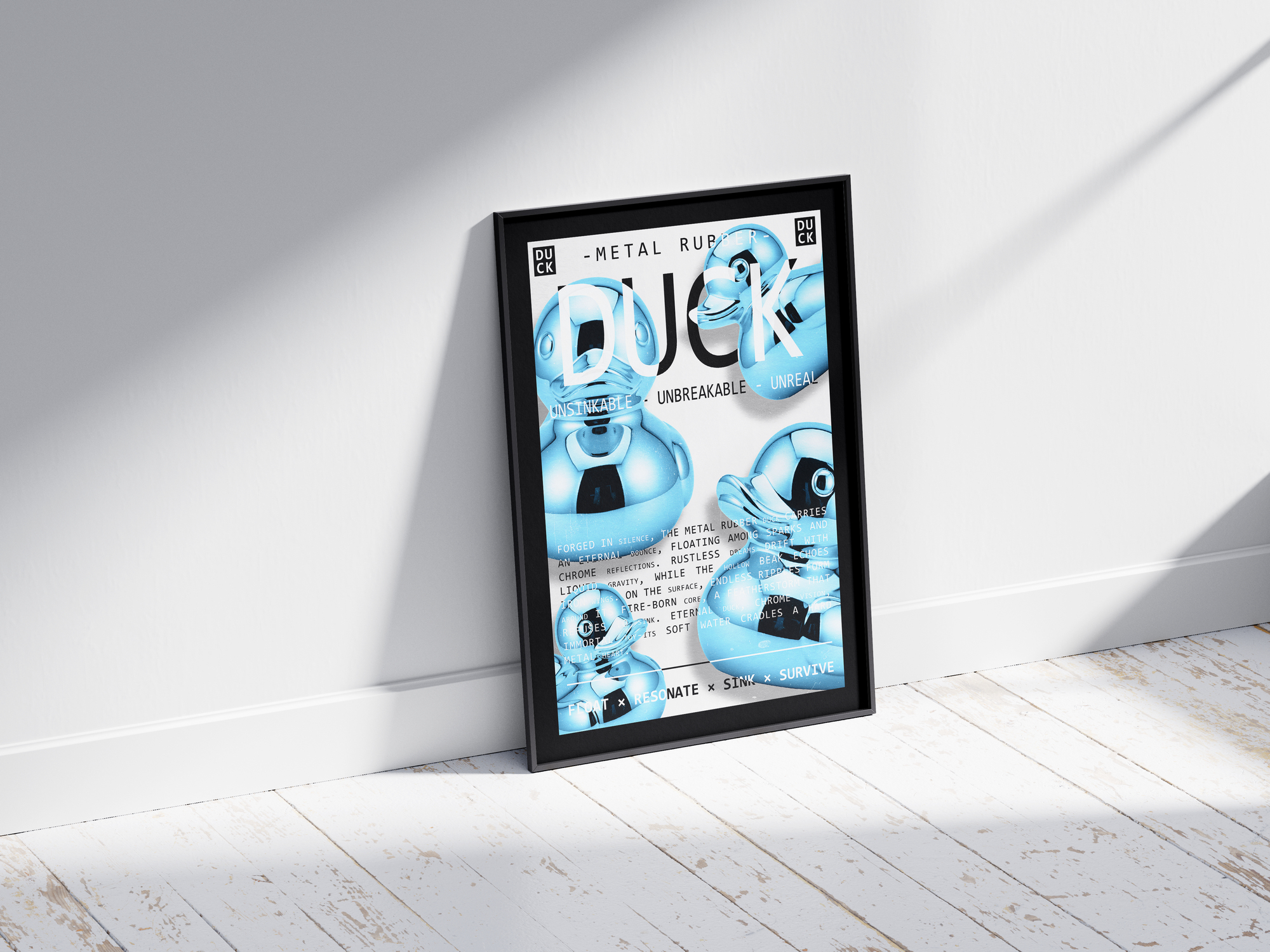 Vibrant metallic rubber duck poster featuring a glossy and reflective illustration in various colors. This modern pop art print is perfect for adding a bold and playful statement to living rooms, offices, or minimalist interiors.