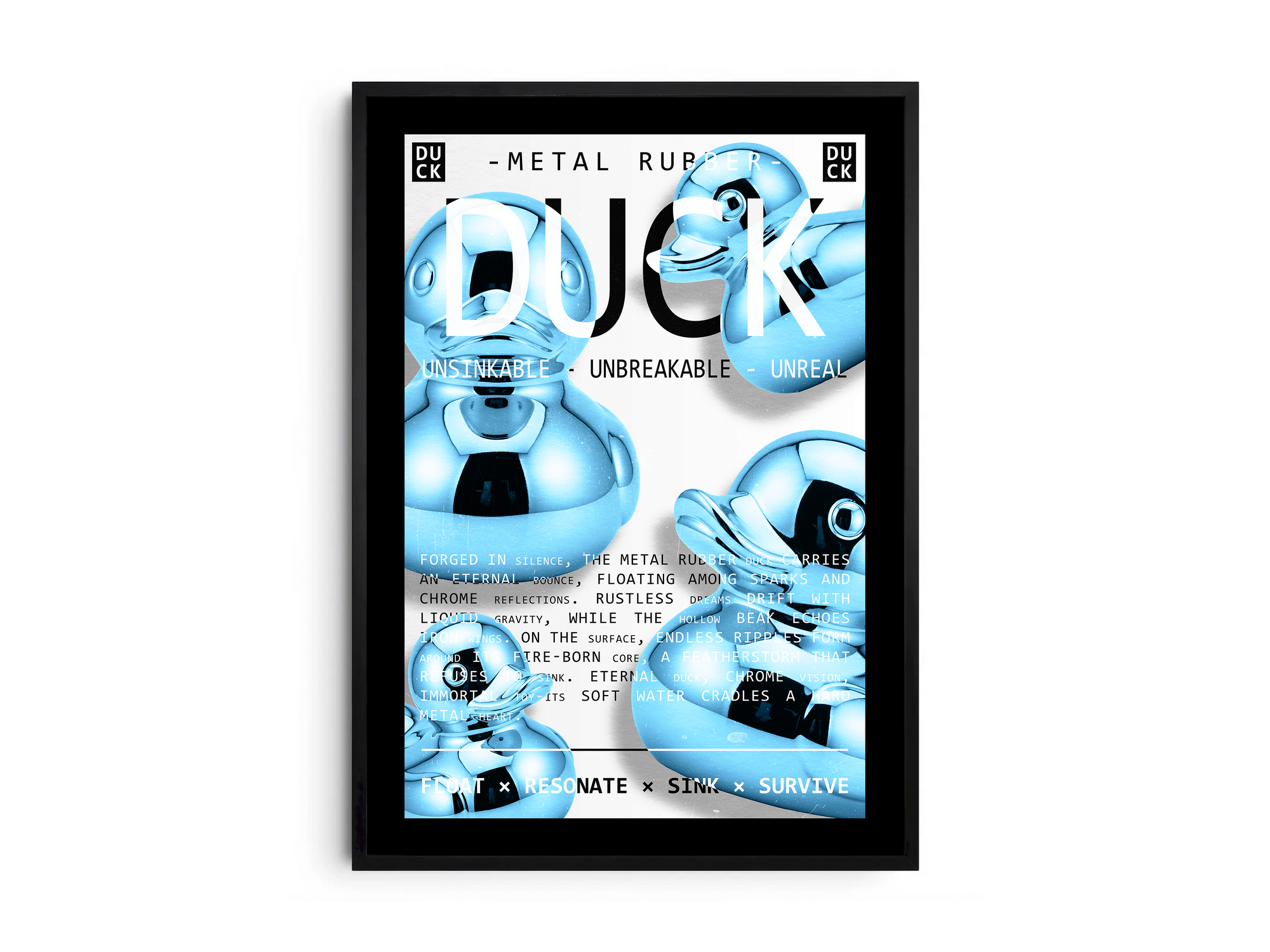 Vibrant metallic rubber duck poster featuring a glossy and reflective illustration in various colors. This modern pop art print is perfect for adding a bold and playful statement to living rooms, offices, or minimalist interiors.