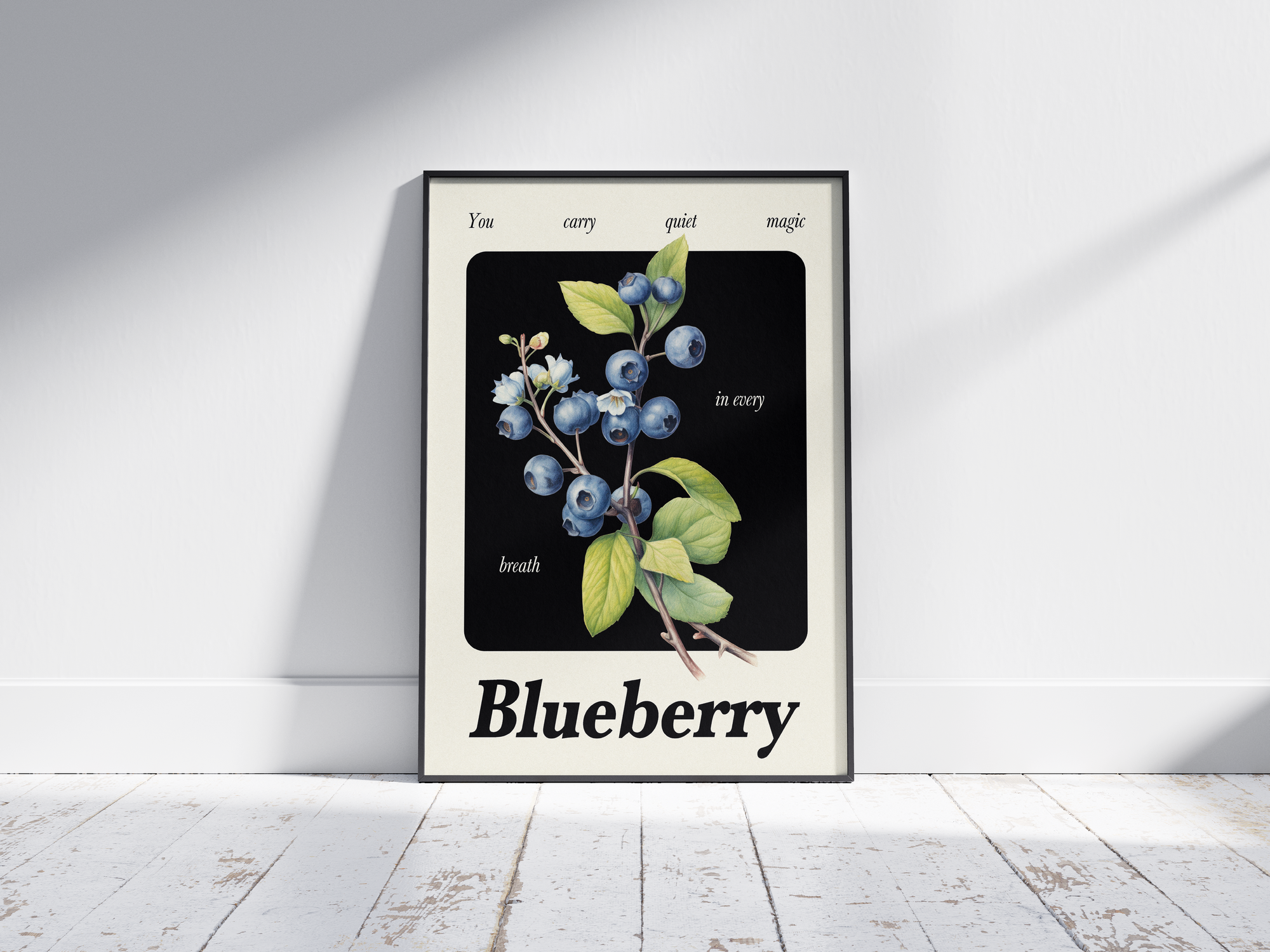 Minimalist botanical blueberry poster featuring a detailed fruit illustration in soft tones, printed on semi-gloss sustainable paper. Perfect wall art for kitchens, dining areas, or modern interiors with a calm and natural aesthetic.