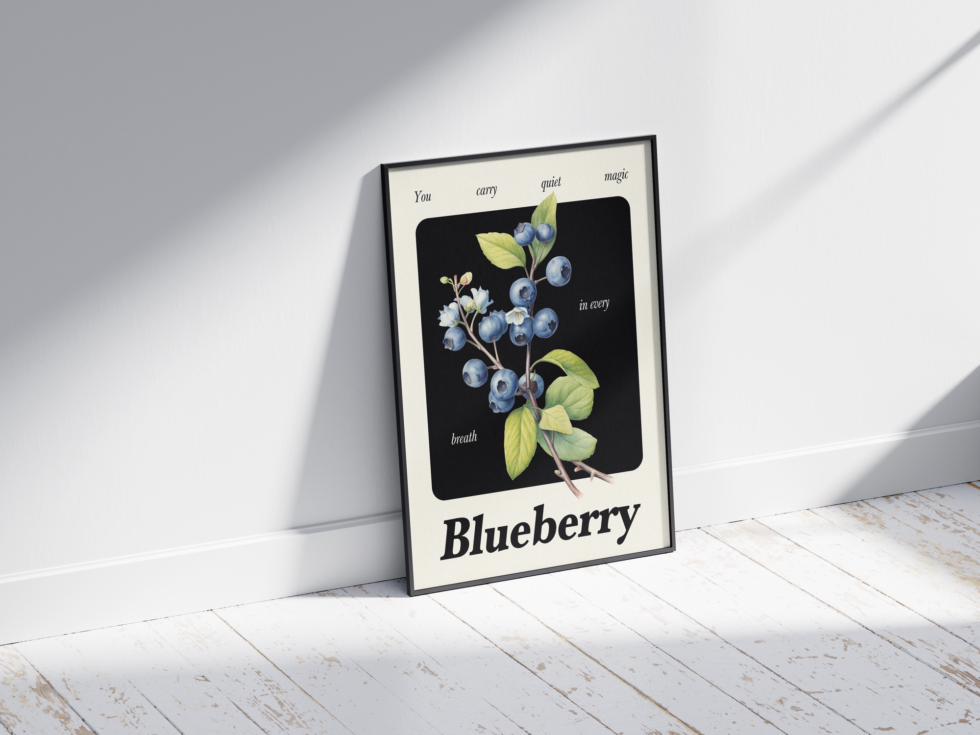 Minimalist botanical blueberry poster featuring a detailed fruit illustration in soft tones, printed on semi-gloss sustainable paper. Perfect wall art for kitchens, dining areas, or modern interiors with a calm and natural aesthetic.