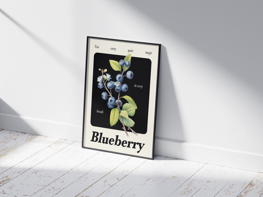 Minimalist botanical blueberry poster featuring a detailed fruit illustration in soft tones, printed on semi-gloss sustainable paper. Perfect wall art for kitchens, dining areas, or modern interiors with a calm and natural aesthetic.