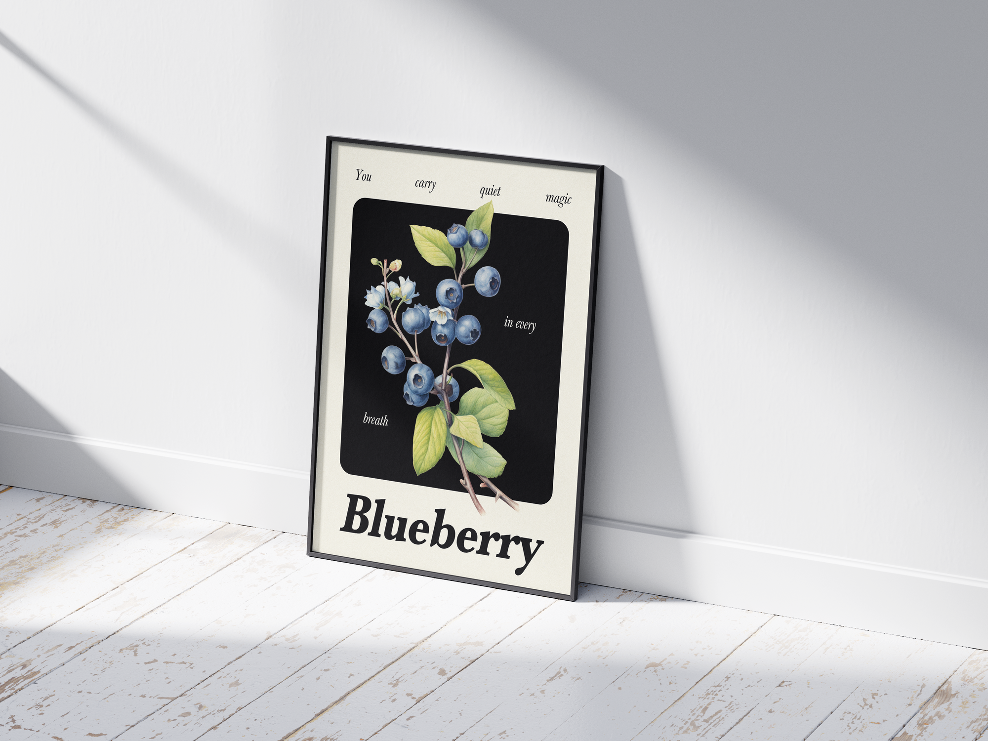 Minimalist botanical blueberry poster featuring a detailed fruit illustration in soft tones, printed on semi-gloss sustainable paper. Perfect wall art for kitchens, dining areas, or modern interiors with a calm and natural aesthetic.