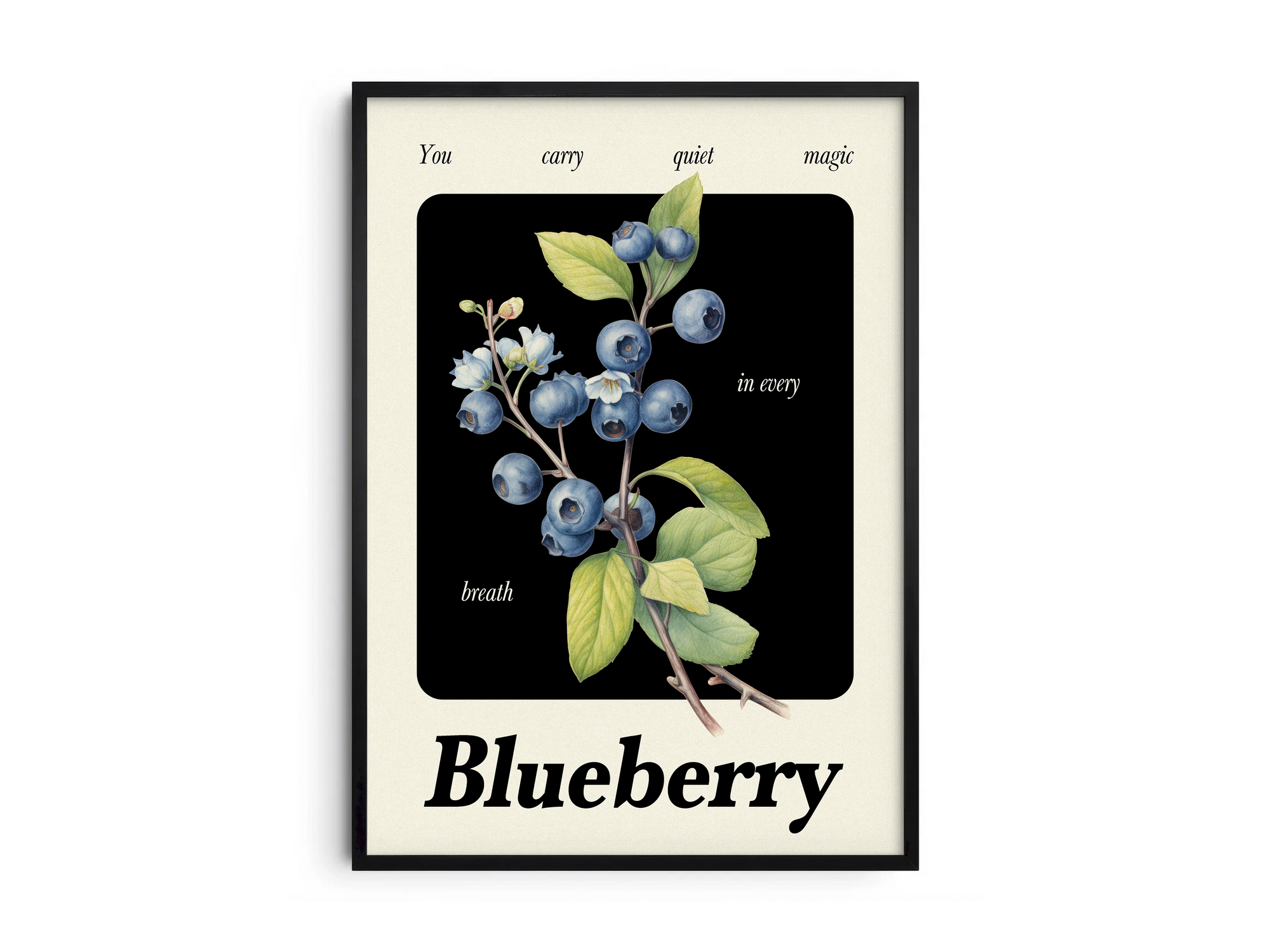 Minimalist botanical blueberry poster featuring a detailed fruit illustration in soft tones, printed on semi-gloss sustainable paper. Perfect wall art for kitchens, dining areas, or modern interiors with a calm and natural aesthetic.