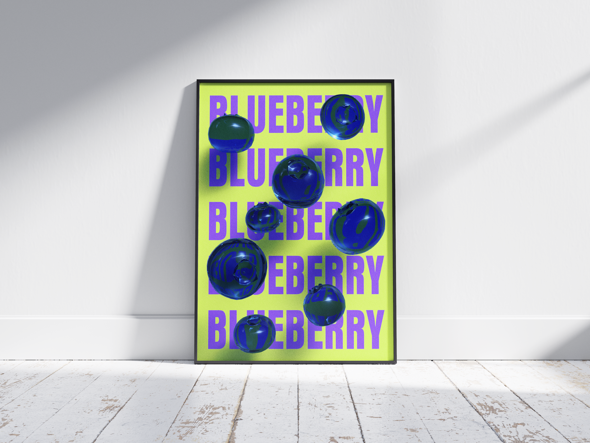 Bold pop art blueberry poster featuring glossy blue blueberries with a 3D glass effect on a vibrant neon yellow background, printed on semi-gloss sustainable paper. Perfect wall art for kitchens, dining areas, or modern interiors with a playful and energetic aesthetic.