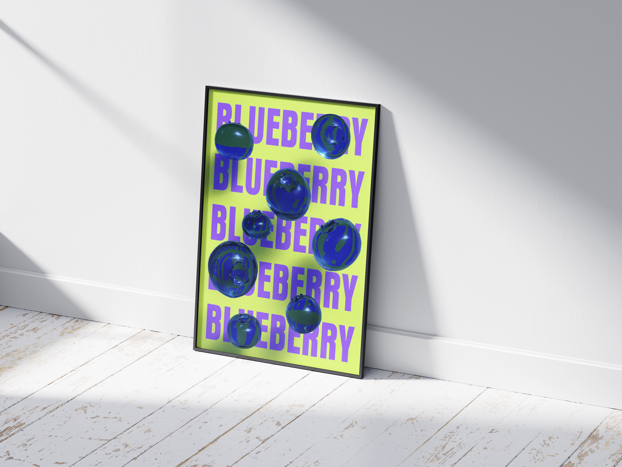 Bold pop art blueberry poster featuring glossy blue blueberries with a 3D glass effect on a vibrant neon yellow background, printed on semi-gloss sustainable paper. Perfect wall art for kitchens, dining areas, or modern interiors with a playful and energetic aesthetic.
