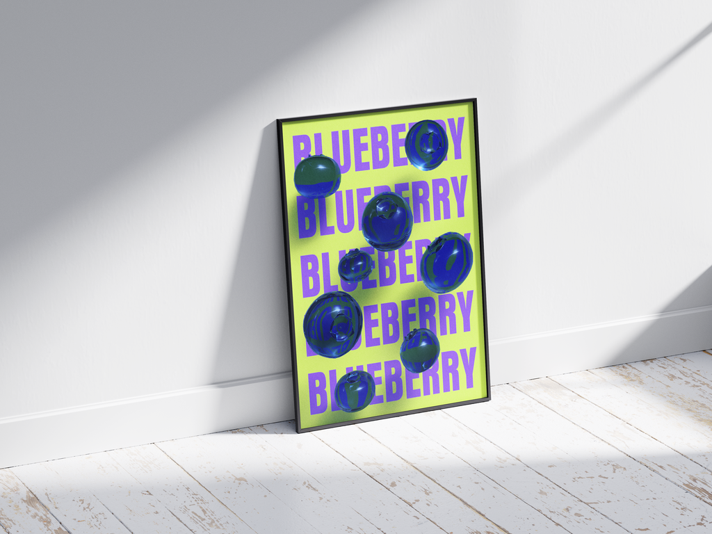 Bold pop art blueberry poster featuring glossy blue blueberries with a 3D glass effect on a vibrant neon yellow background, printed on semi-gloss sustainable paper. Perfect wall art for kitchens, dining areas, or modern interiors with a playful and energetic aesthetic.