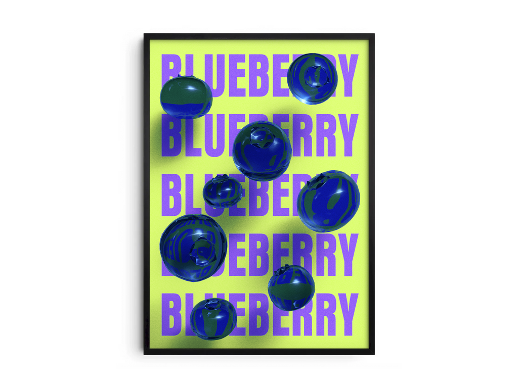 Bold pop art blueberry poster featuring glossy blue blueberries with a 3D glass effect on a vibrant neon yellow background, printed on semi-gloss sustainable paper. Perfect wall art for kitchens, dining areas, or modern interiors with a playful and energetic aesthetic.