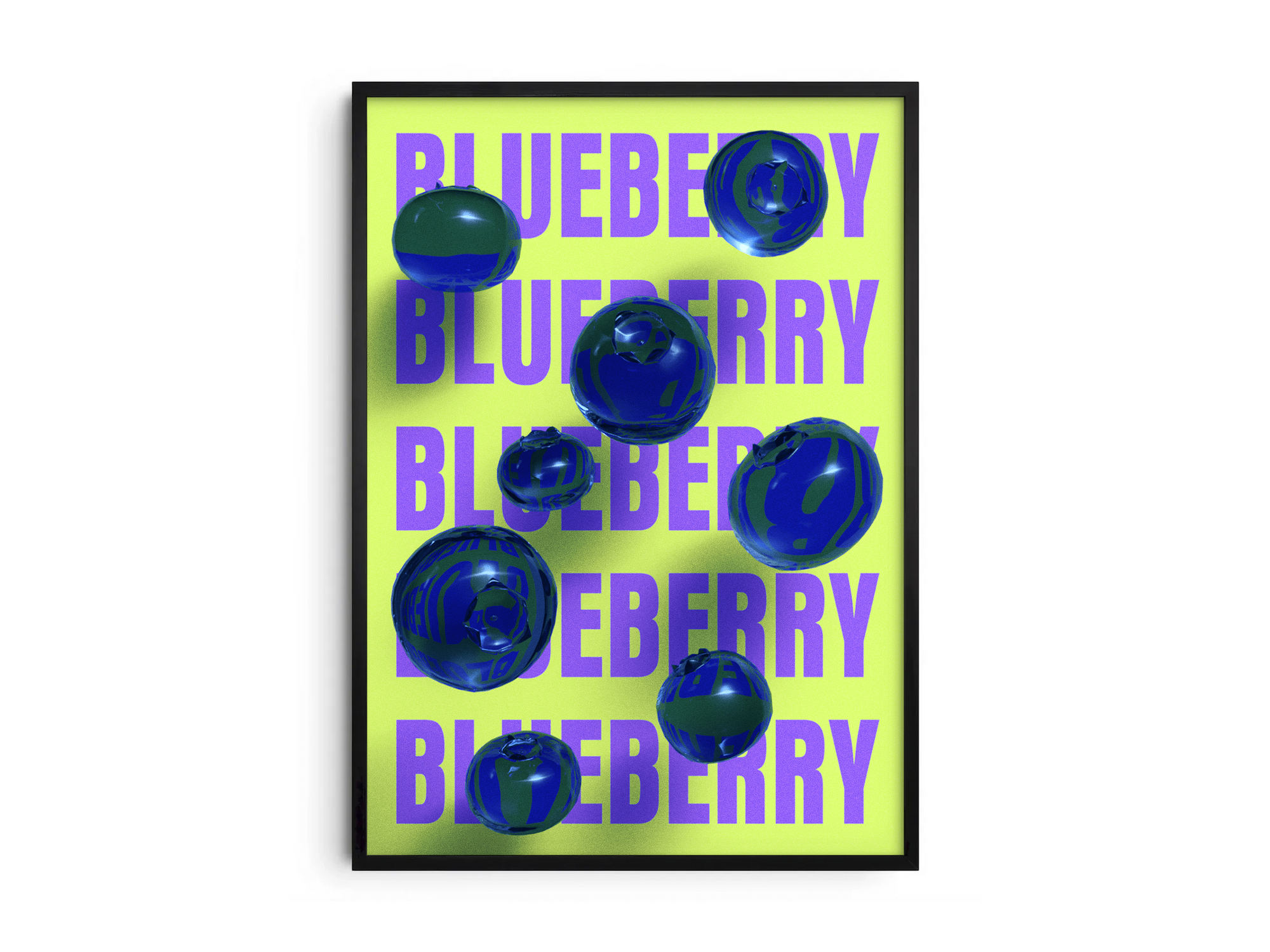 Bold pop art blueberry poster featuring glossy blue blueberries with a 3D glass effect on a vibrant neon yellow background, printed on semi-gloss sustainable paper. Perfect wall art for kitchens, dining areas, or modern interiors with a playful and energetic aesthetic.