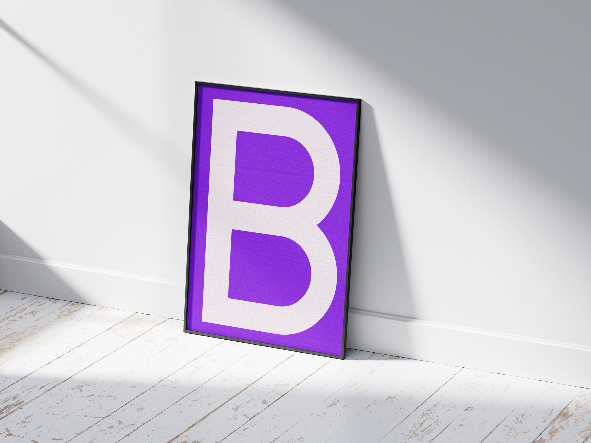 Striking and modern alphabet letter B poster featuring a clean white 'B' on a rich, electric-purple background, printed on semi-gloss paper. Perfect bold wall art for offices, dorms, or gallery walls with a clean, graphic, and vibrant aesthetic.