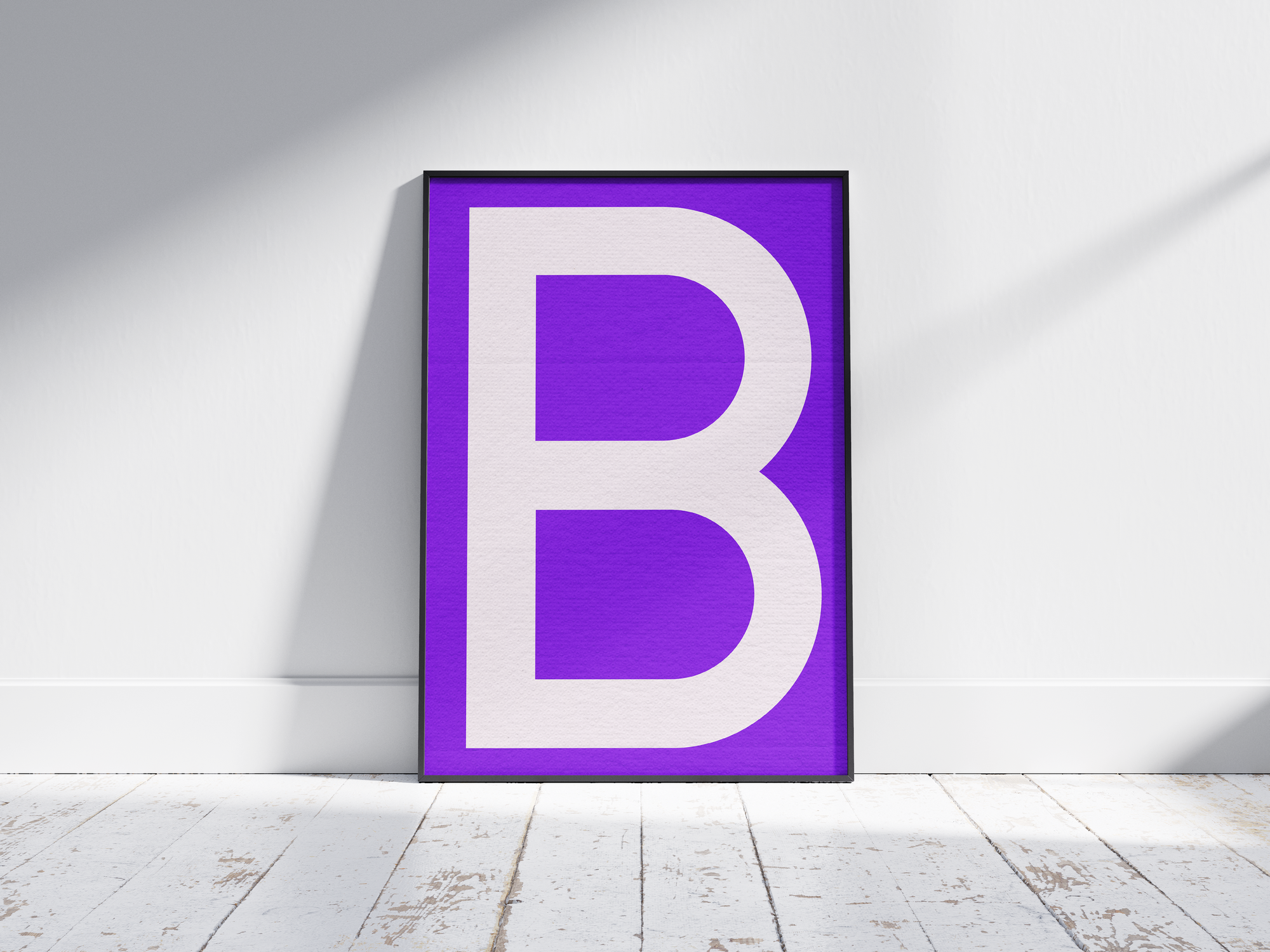 Striking and modern alphabet letter B poster featuring a clean white 'B' on a rich, electric-purple background, printed on semi-gloss paper. Perfect bold wall art for offices, dorms, or gallery walls with a clean, graphic, and vibrant aesthetic.