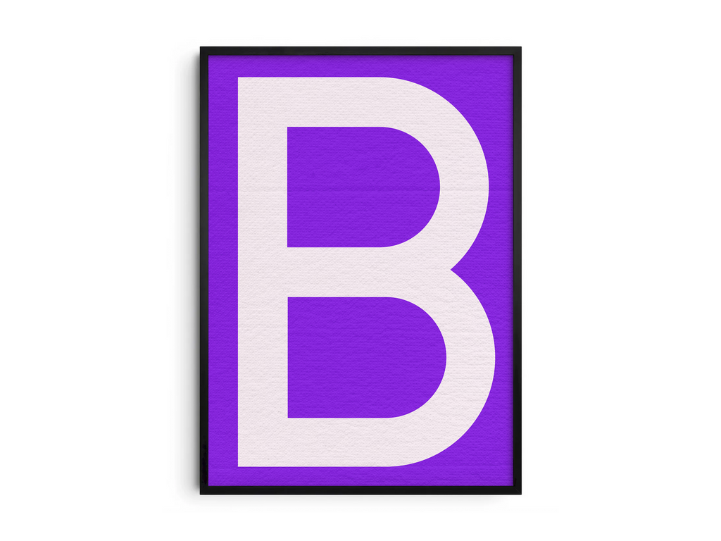 Striking and modern alphabet letter B poster featuring a clean white 'B' on a rich, electric-purple background, printed on semi-gloss paper. Perfect bold wall art for offices, dorms, or gallery walls with a clean, graphic, and vibrant aesthetic.