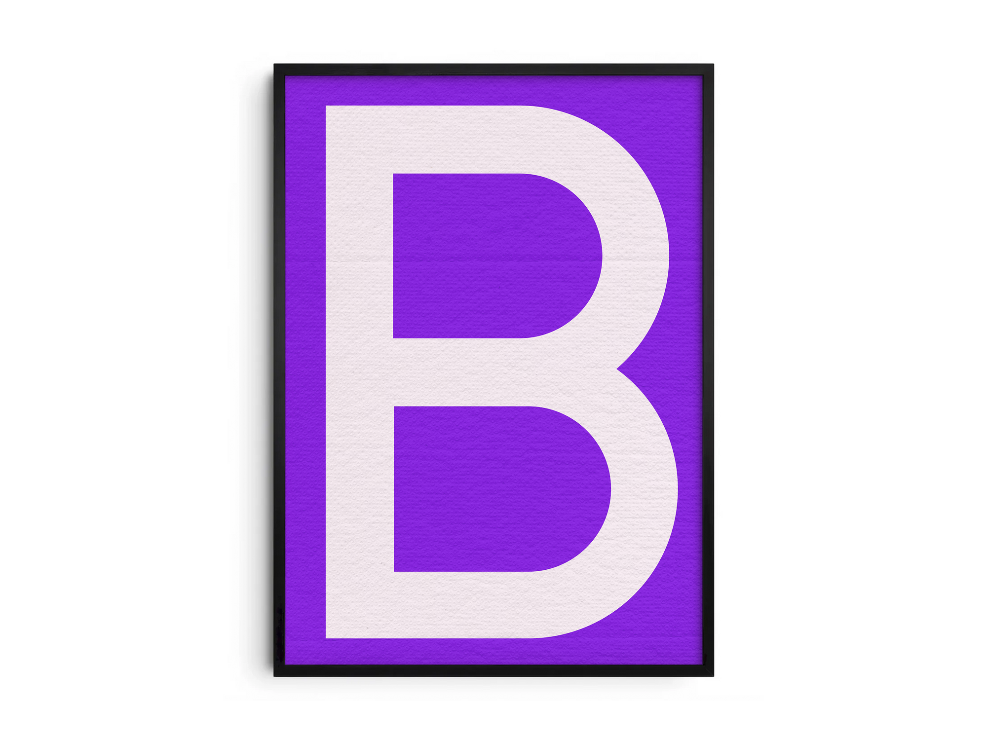 Striking and modern alphabet letter B poster featuring a clean white 'B' on a rich, electric-purple background, printed on semi-gloss paper. Perfect bold wall art for offices, dorms, or gallery walls with a clean, graphic, and vibrant aesthetic.