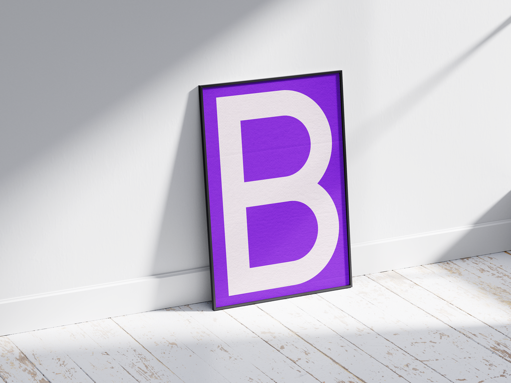 Striking and modern alphabet letter B poster featuring a clean white 'B' on a rich, electric-purple background, printed on semi-gloss paper. Perfect bold wall art for offices, dorms, or gallery walls with a clean, graphic, and vibrant aesthetic.