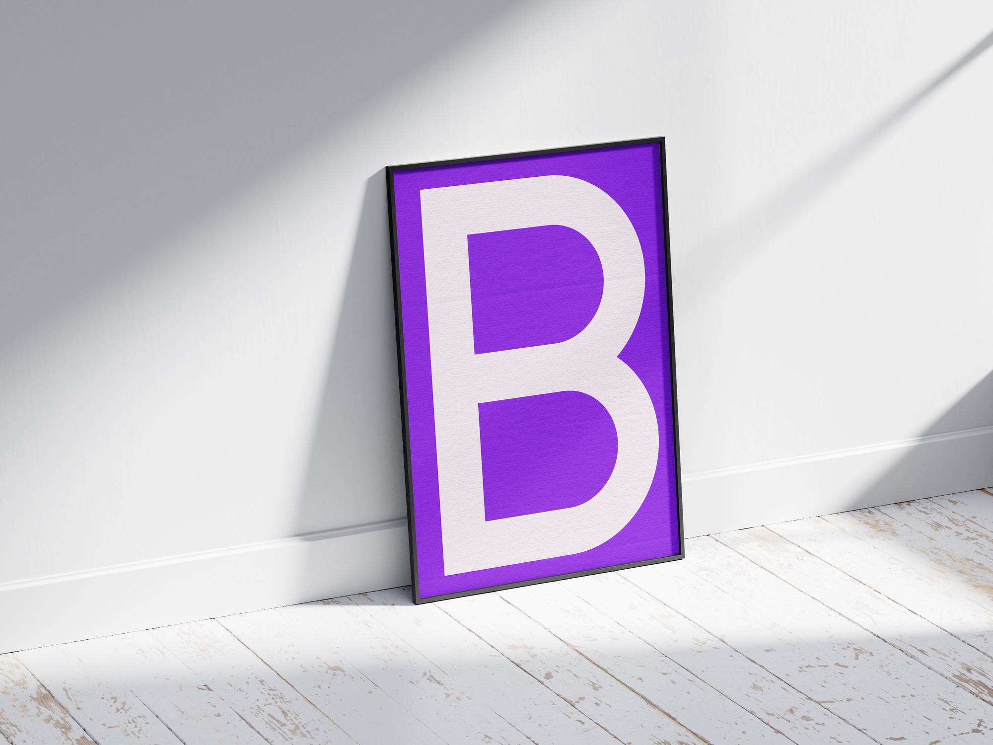 Striking and modern alphabet letter B poster featuring a clean white 'B' on a rich, electric-purple background, printed on semi-gloss paper. Perfect bold wall art for offices, dorms, or gallery walls with a clean, graphic, and vibrant aesthetic.