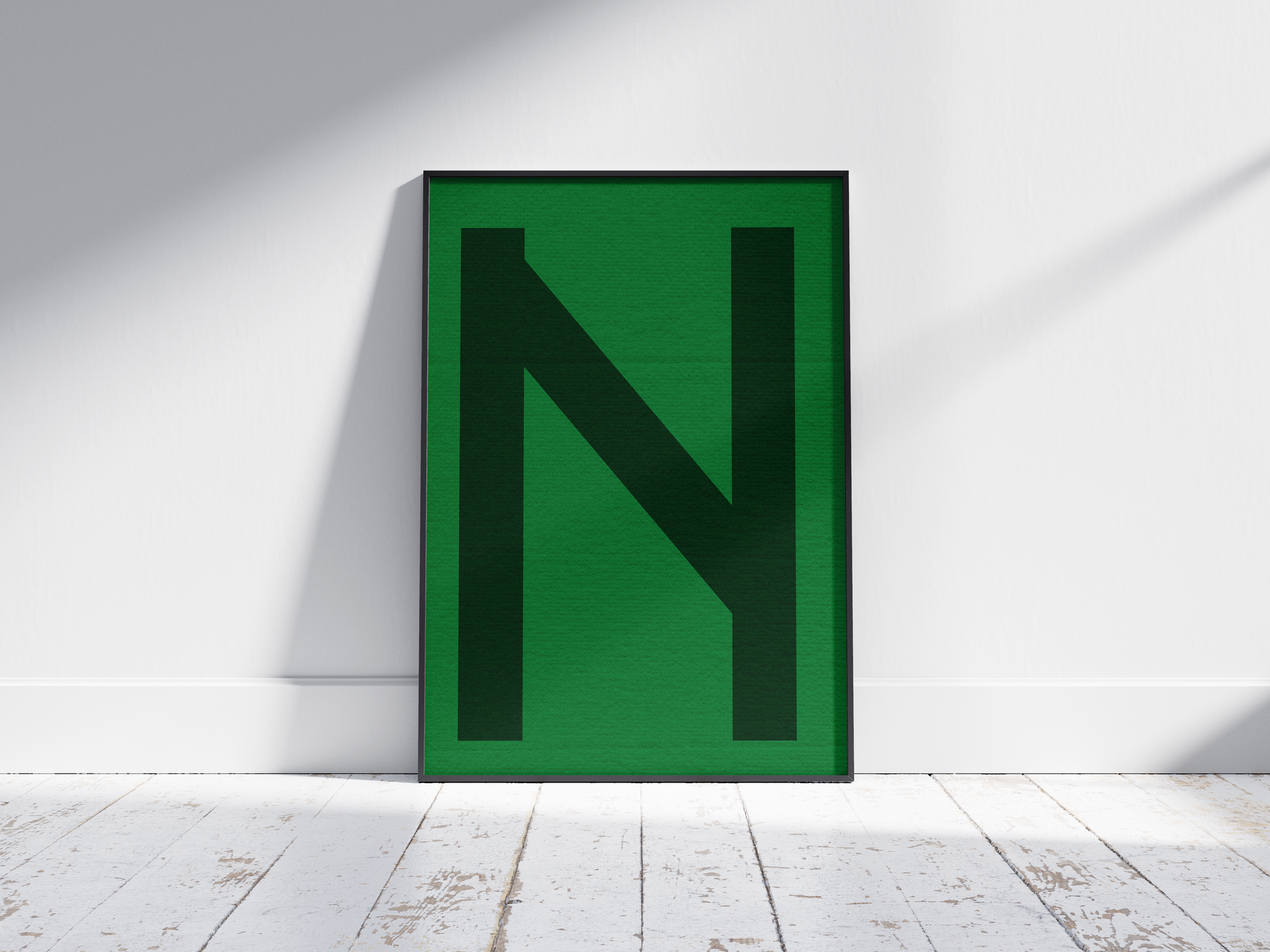 Bold geometric alphabet letter N poster, featuring a dark forest green 'N' on a bright emerald green background. Perfect modern wall art for offices, studies, or gallery walls with a graphic, confident, and monochromatic green aesthetic.