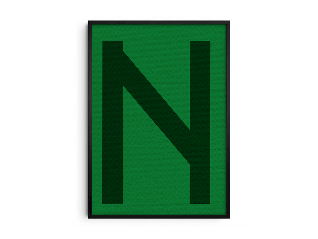 Bold geometric alphabet letter N poster, featuring a dark forest green 'N' on a bright emerald green background. Perfect modern wall art for offices, studies, or gallery walls with a graphic, confident, and monochromatic green aesthetic.