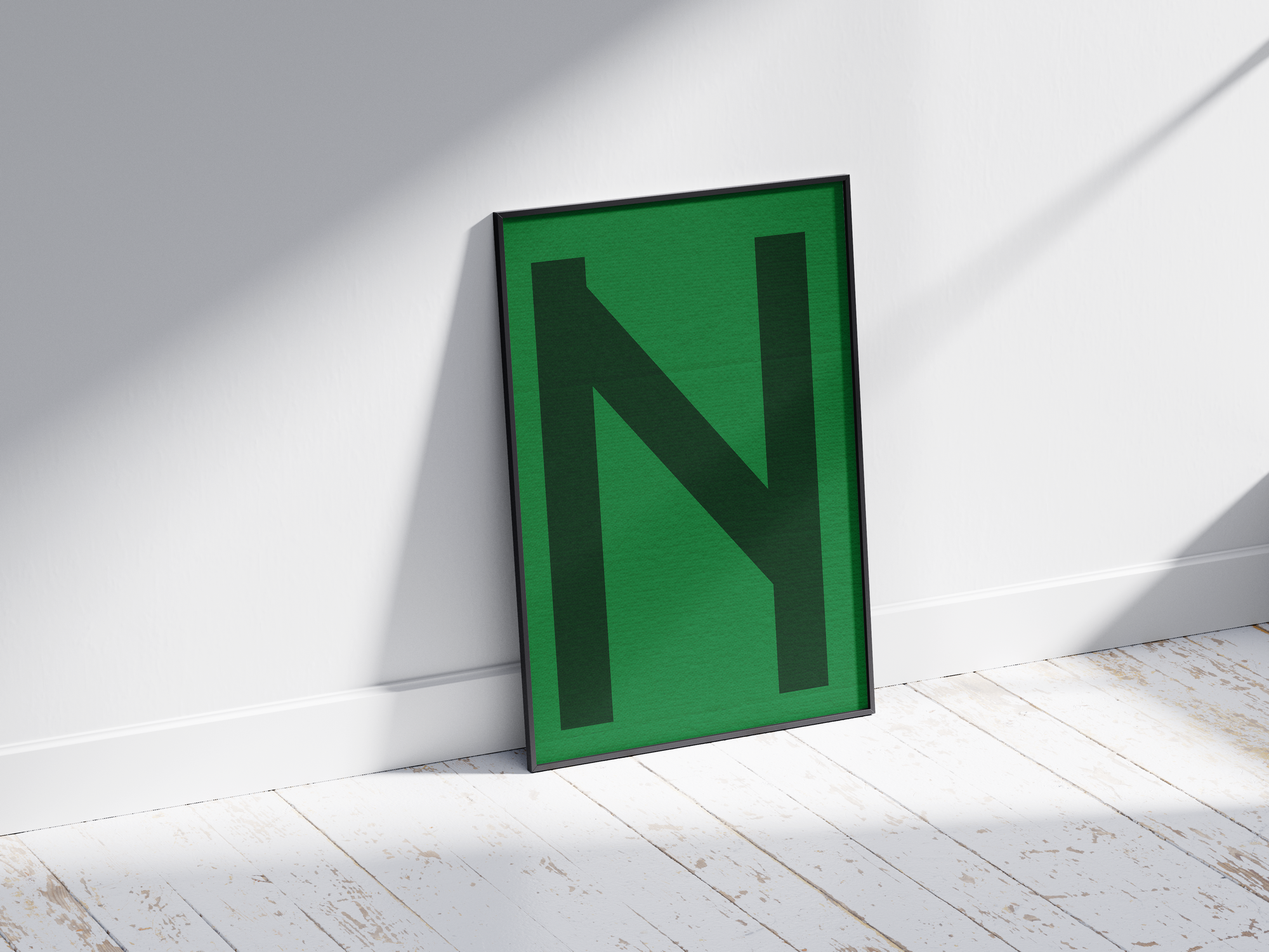 Bold geometric alphabet letter N poster, featuring a dark forest green 'N' on a bright emerald green background. Perfect modern wall art for offices, studies, or gallery walls with a graphic, confident, and monochromatic green aesthetic.