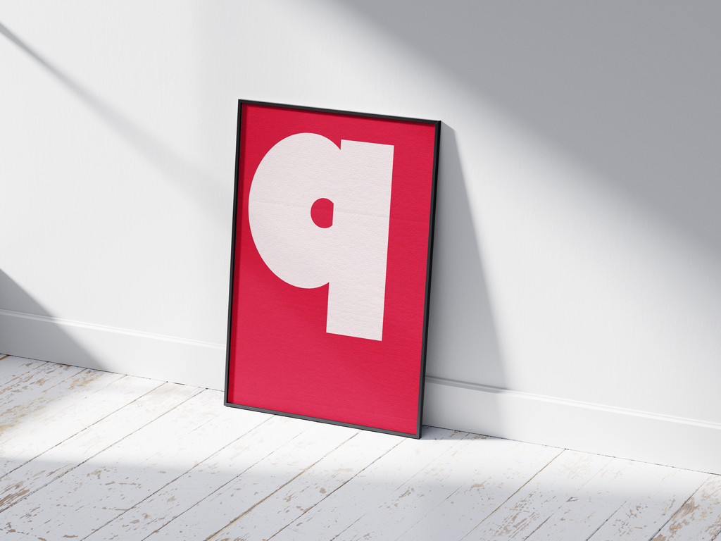 Bold geometric alphabet letter Q poster, featuring a crisp off-white 'q' composed of simple shapes on a vibrant magenta background. Perfect high-contrast wall art for modern offices, studios, or gallery walls with a graphic, minimalist, and Pop-Art aesthetic.