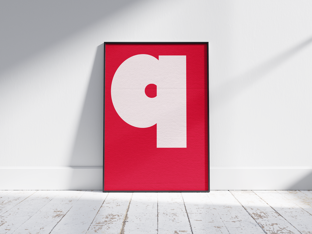 Bold geometric alphabet letter Q poster, featuring a crisp off-white 'q' composed of simple shapes on a vibrant magenta background. Perfect high-contrast wall art for modern offices, studios, or gallery walls with a graphic, minimalist, and Pop-Art aesthetic.