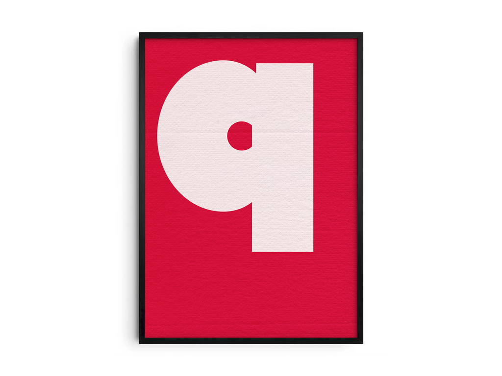 Bold geometric alphabet letter Q poster, featuring a crisp off-white 'q' composed of simple shapes on a vibrant magenta background. Perfect high-contrast wall art for modern offices, studios, or gallery walls with a graphic, minimalist, and Pop-Art aesthetic.