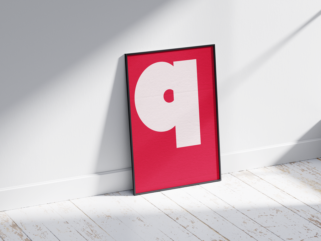 Bold geometric alphabet letter Q poster, featuring a crisp off-white 'q' composed of simple shapes on a vibrant magenta background. Perfect high-contrast wall art for modern offices, studios, or gallery walls with a graphic, minimalist, and Pop-Art aesthetic.