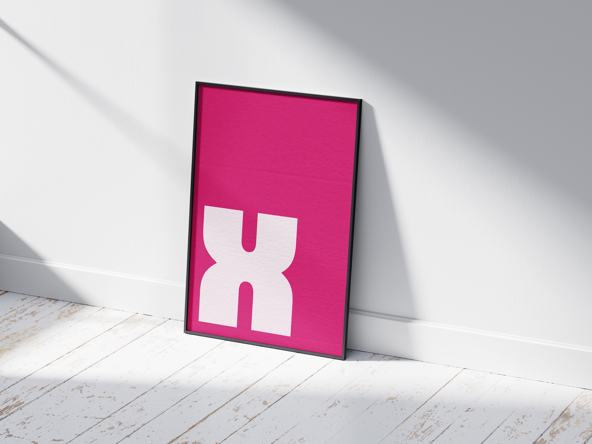 Bold geometric alphabet letter X poster, featuring a chunky white 'X' with rounded corners on a vibrant magenta/hot pink background. Perfect Pop-Art wall art for modern offices, studios, or gallery walls with a graphic, confident, and colorful aesthetic.
