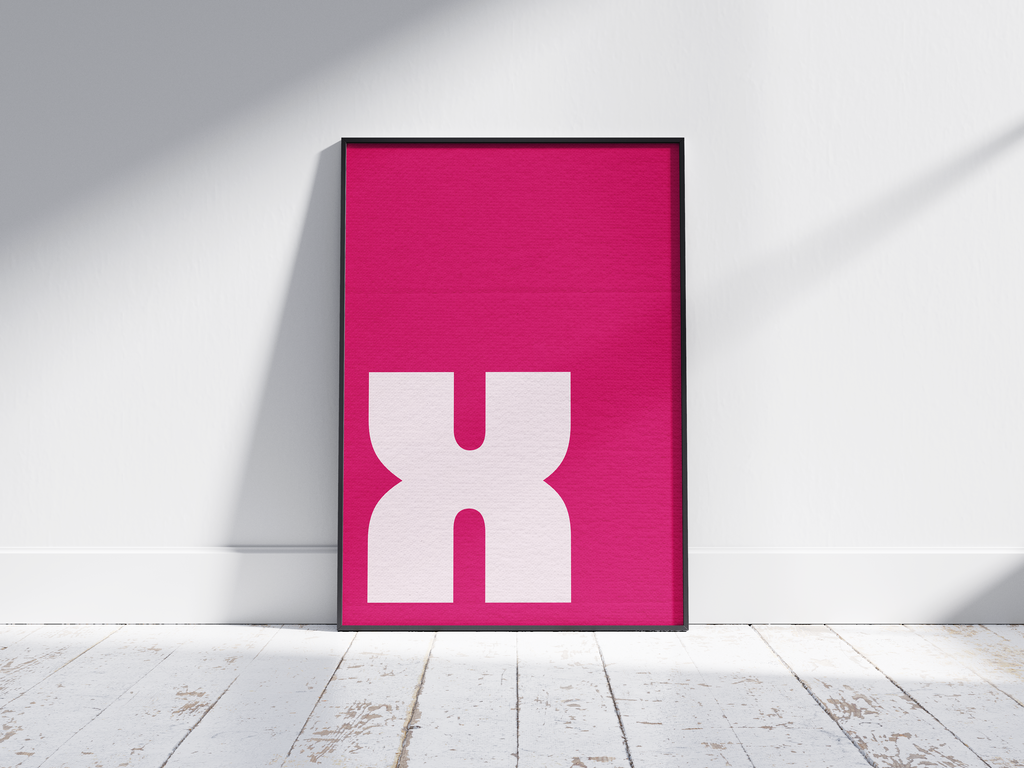 Bold geometric alphabet letter X poster, featuring a chunky white 'X' with rounded corners on a vibrant magenta/hot pink background. Perfect Pop-Art wall art for modern offices, studios, or gallery walls with a graphic, confident, and colorful aesthetic.