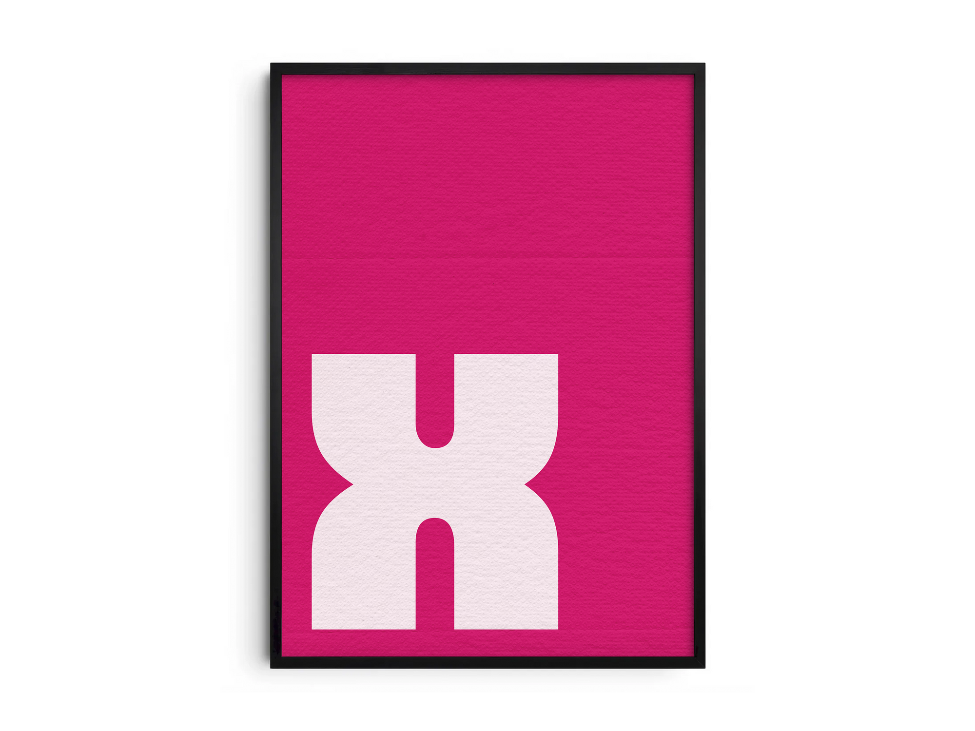 Bold geometric alphabet letter X poster, featuring a chunky white 'X' with rounded corners on a vibrant magenta/hot pink background. Perfect Pop-Art wall art for modern offices, studios, or gallery walls with a graphic, confident, and colorful aesthetic.