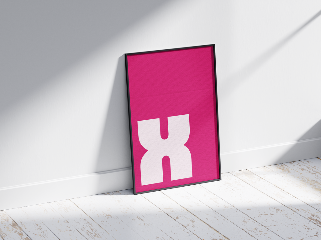 Bold geometric alphabet letter X poster, featuring a chunky white 'X' with rounded corners on a vibrant magenta/hot pink background. Perfect Pop-Art wall art for modern offices, studios, or gallery walls with a graphic, confident, and colorful aesthetic.