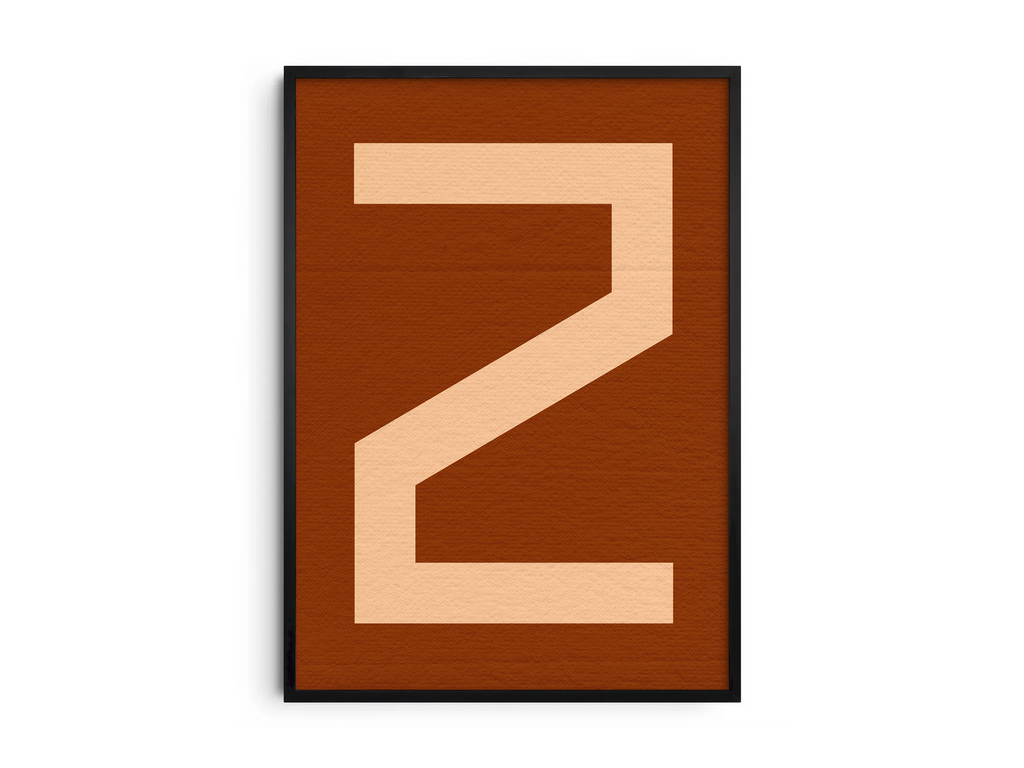 Bold geometric alphabet letter Z poster, featuring a creamy light peach 'Z' on a deep dark brown/burnt sienna background. Perfect modern wall art for offices, studies, or gallery walls with a graphic, confident, and earthy aesthetic.