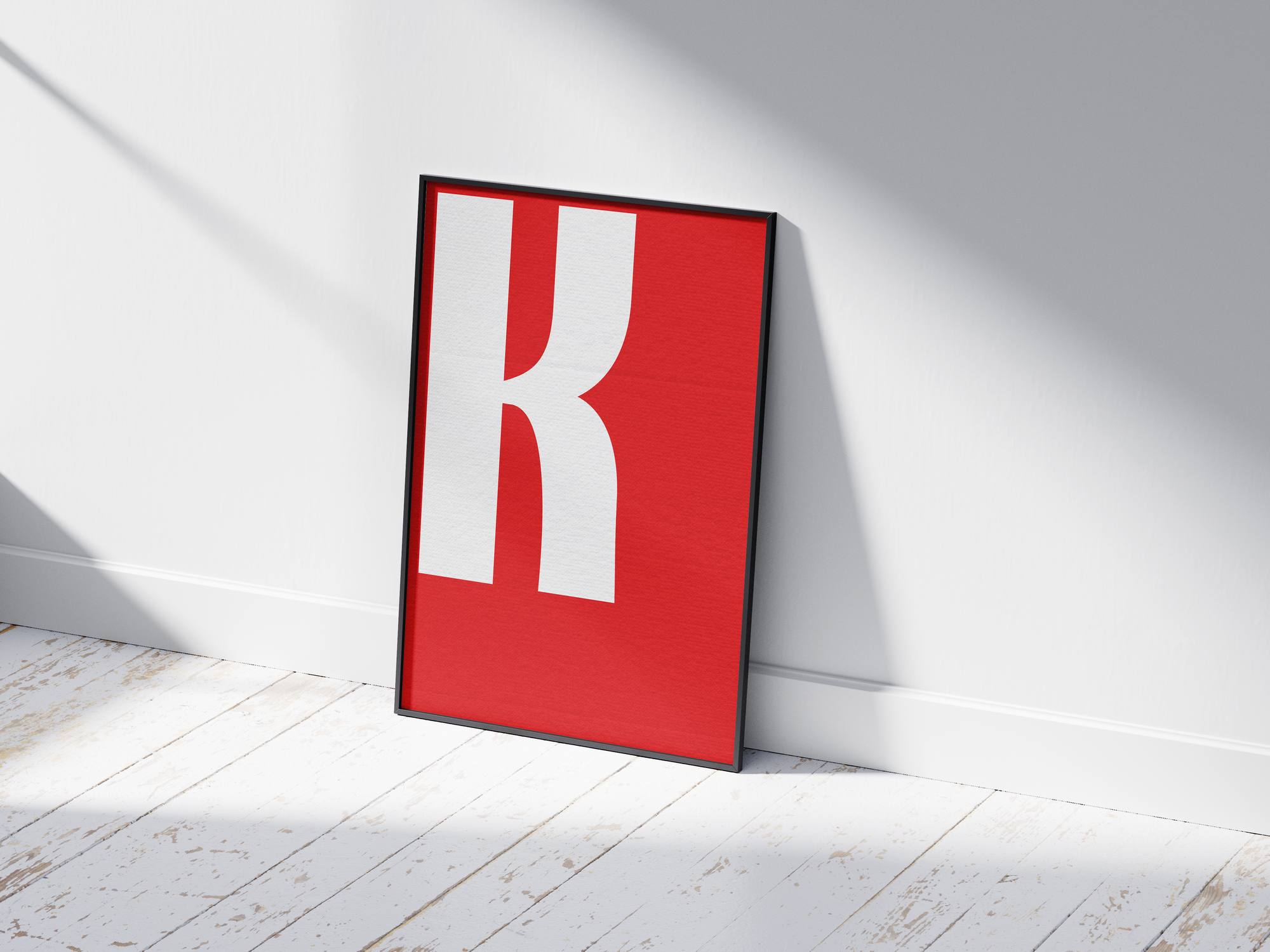 Bold and striking alphabet letter K poster, featuring a crisp white 'K' on a vibrant fire-engine red background. Perfect high-contrast wall art for modern offices, industrial lofts, or gallery walls with a graphic, confident, and minimalist aesthetic.