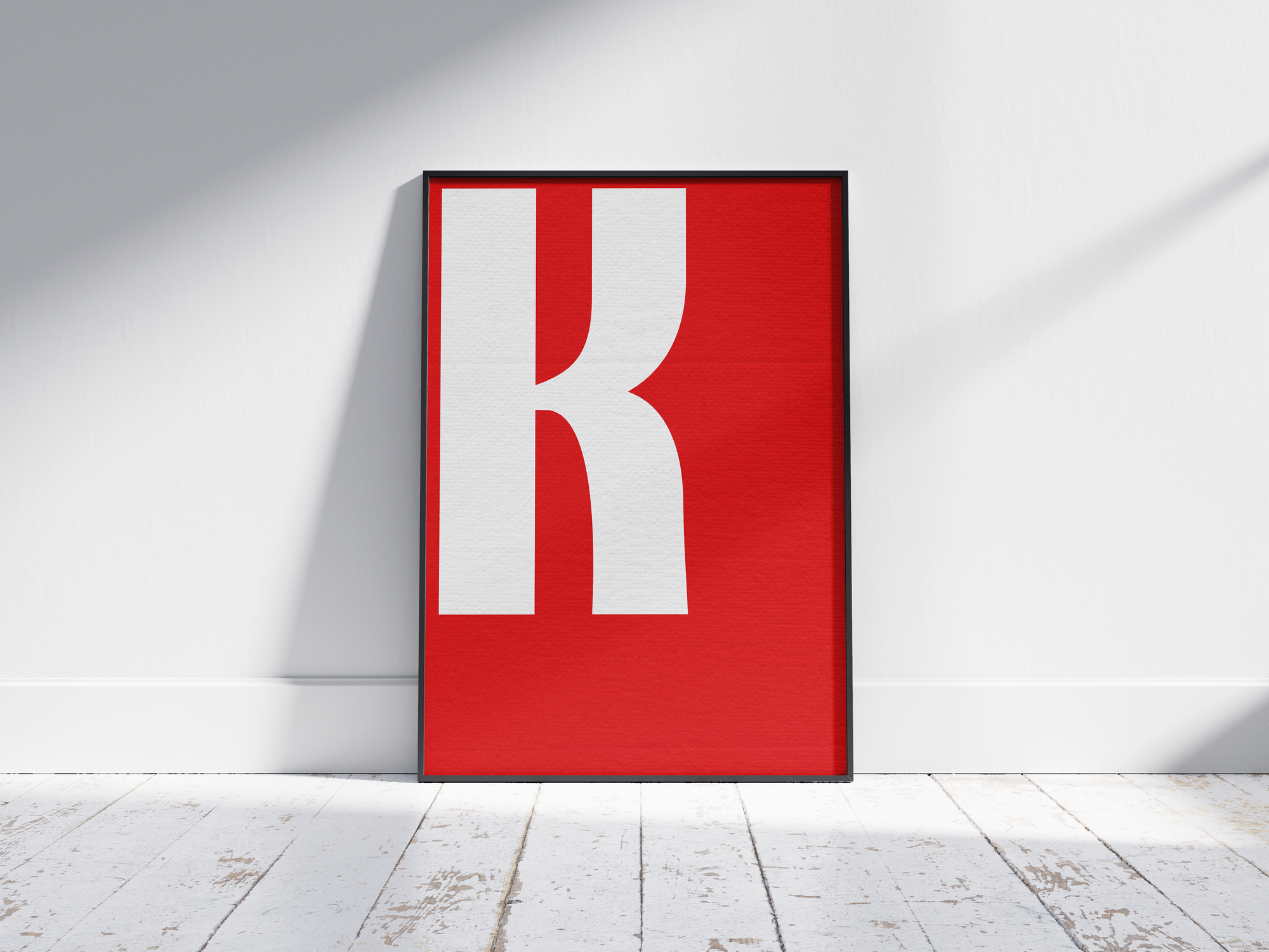 Bold and striking alphabet letter K poster, featuring a crisp white 'K' on a vibrant fire-engine red background. Perfect high-contrast wall art for modern offices, industrial lofts, or gallery walls with a graphic, confident, and minimalist aesthetic.