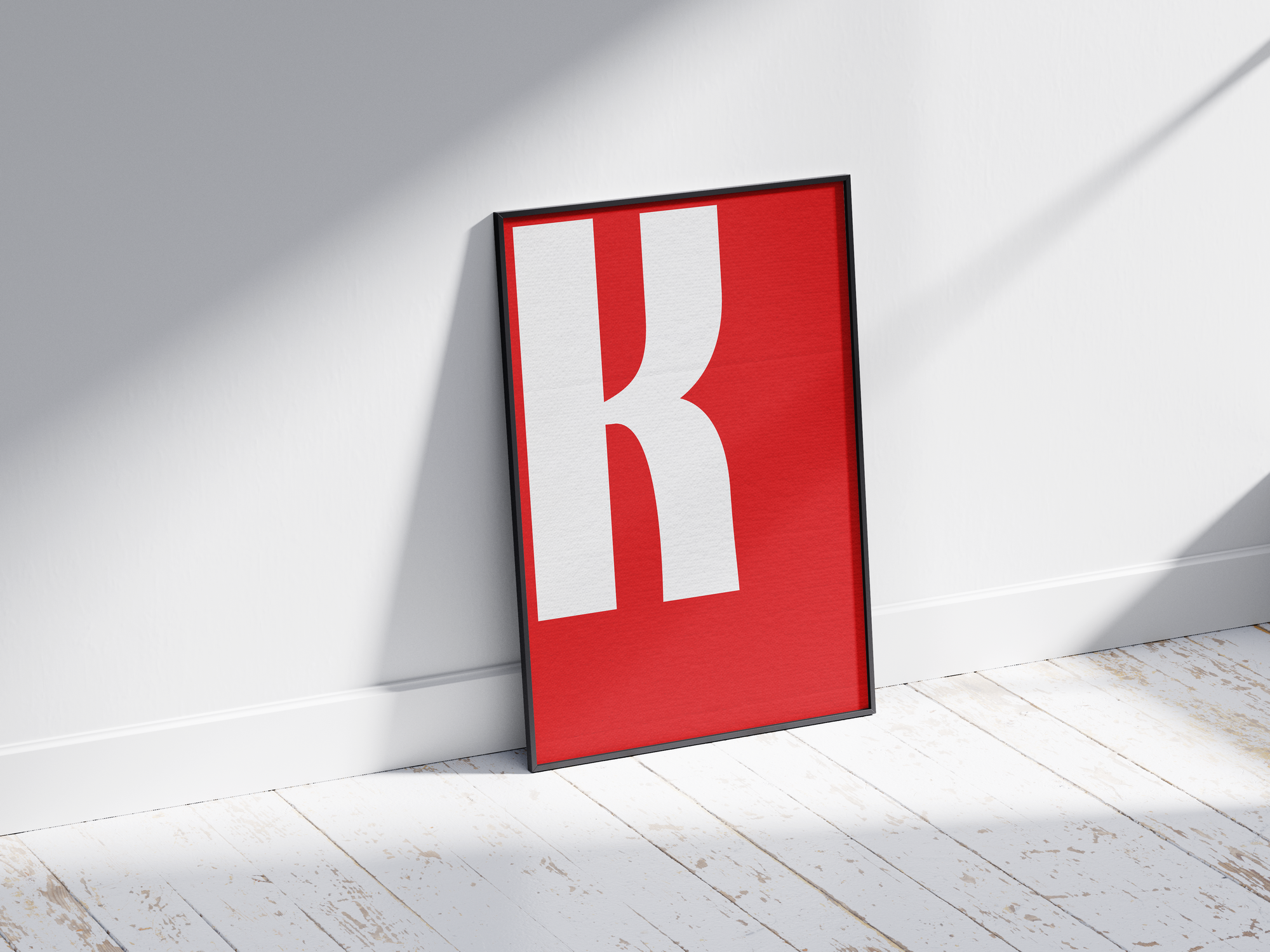 Bold and striking alphabet letter K poster, featuring a crisp white 'K' on a vibrant fire-engine red background. Perfect high-contrast wall art for modern offices, industrial lofts, or gallery walls with a graphic, confident, and minimalist aesthetic.