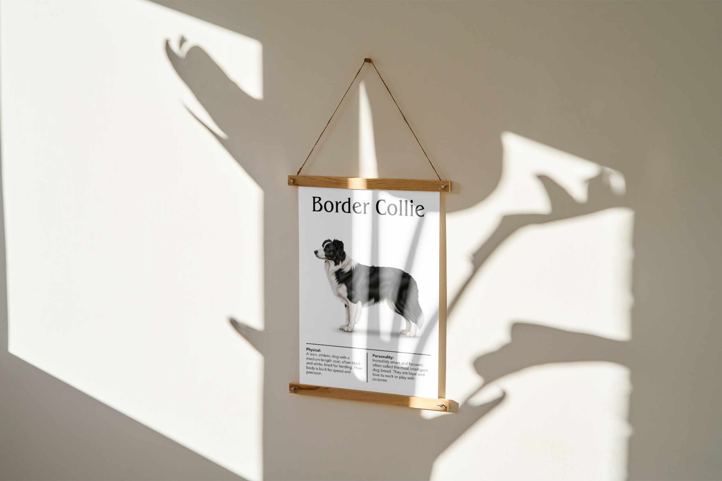 A hanging print of a black and white Border Collie, mounted with wooden dowels and twine on a white wall with strong shadows creating a dramatic effect.