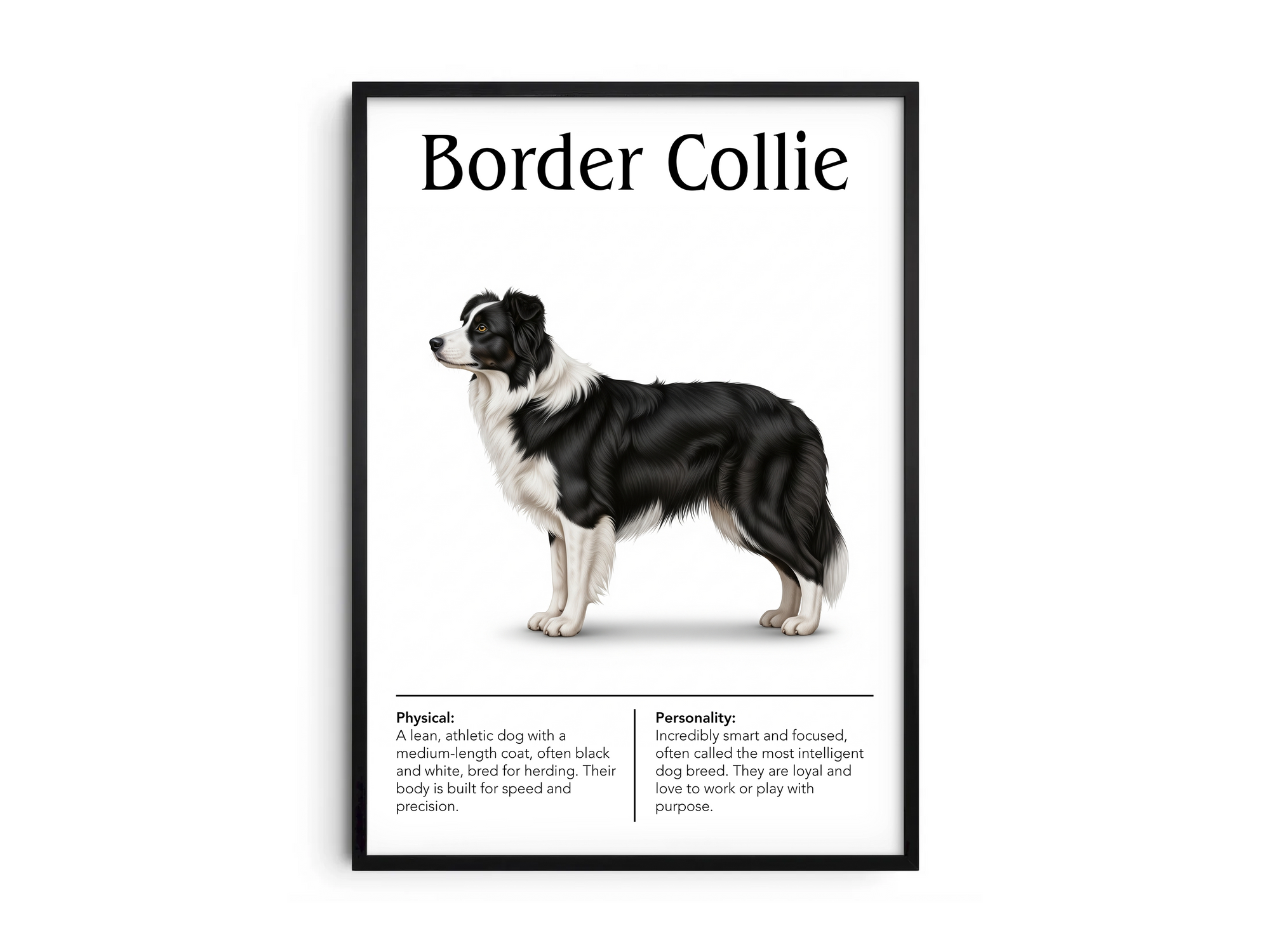 Detailed Border Collie dog breed poster showcasing its intelligent expression and active personality traits, printed on semi-gloss sustainable paper. Perfect wall art for studies, living rooms, or modern interiors with a smart and devoted aesthetic.